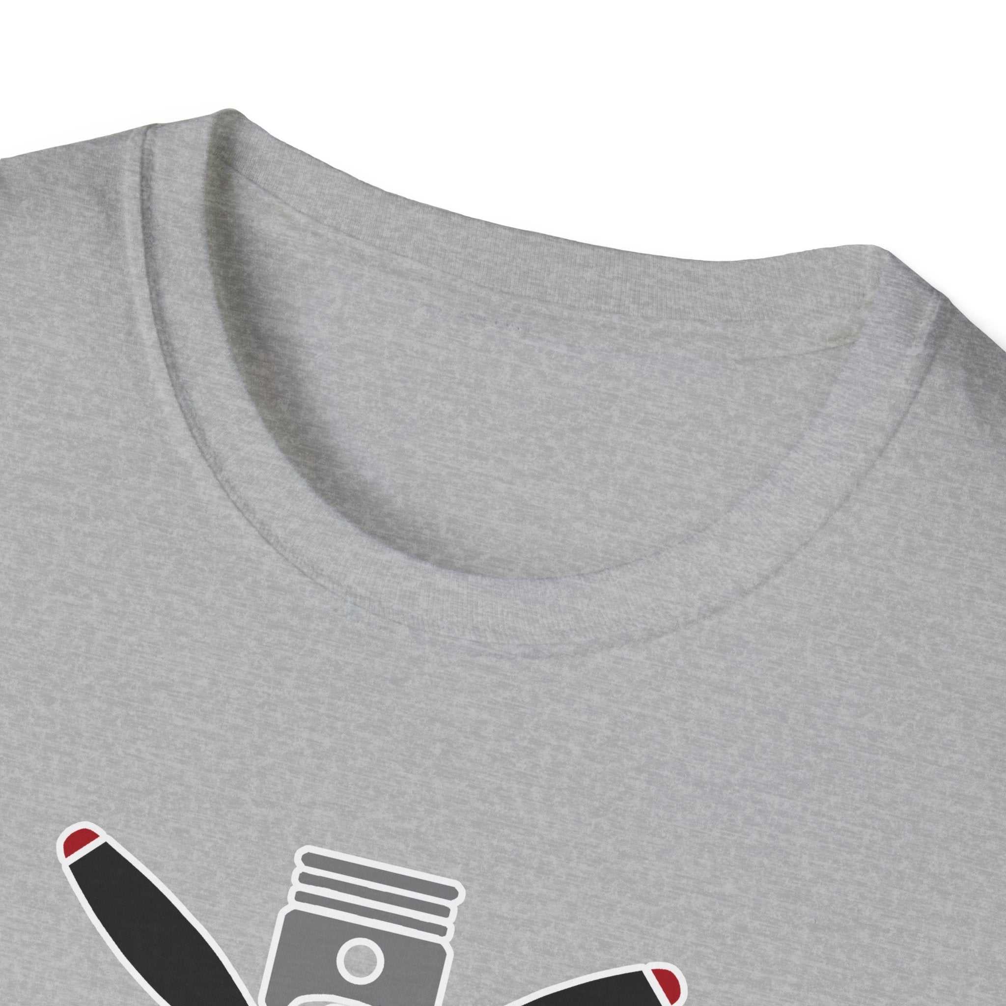 Close-up of grey Prop and Piston T-Shirt unisex softstyle crew neck made from cotton blend with printed propeller and piston design