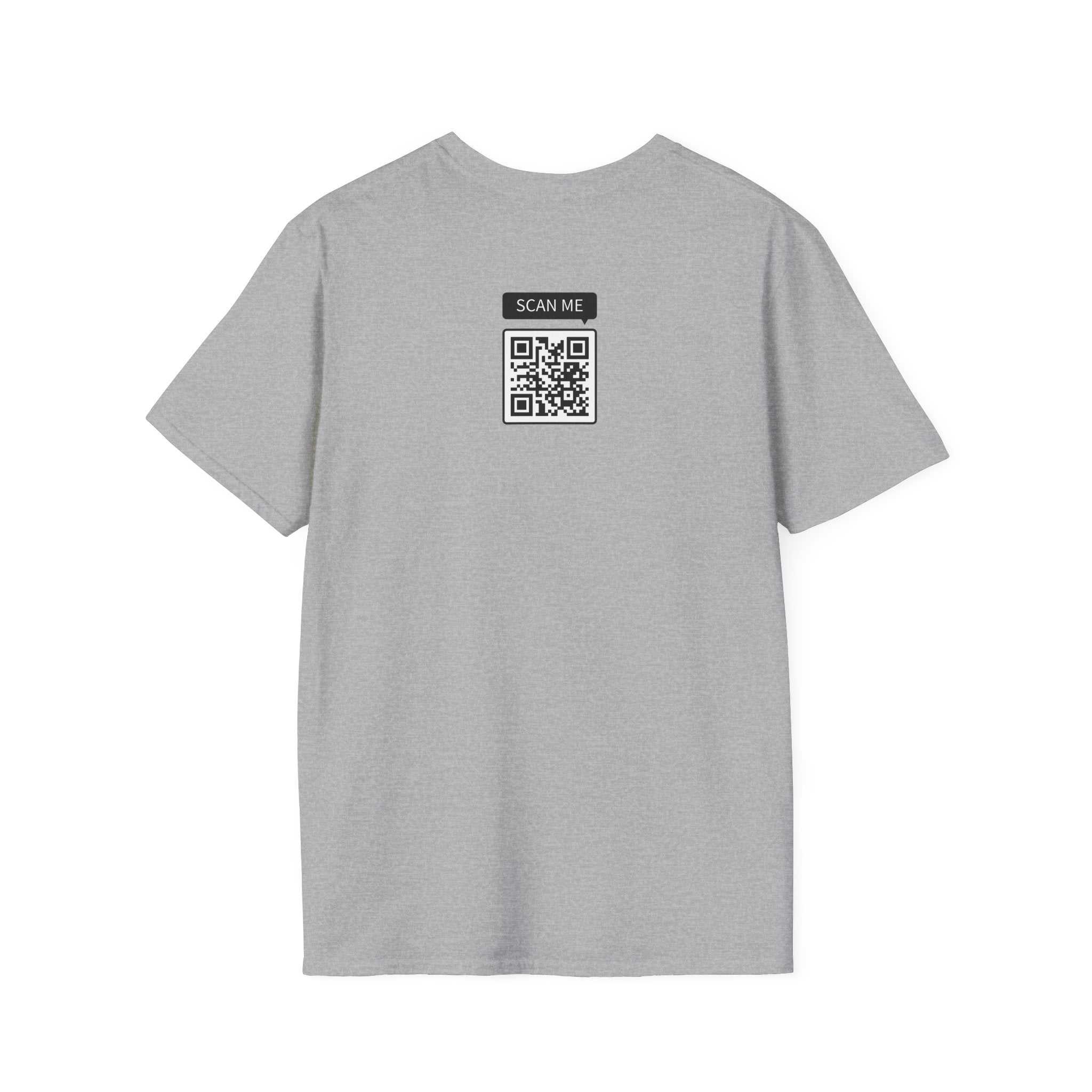 Unisex softstyle Prop and Piston T-Shirt in grey with QR code on back, 100% cotton, durable ribbed collar, and no side seams.