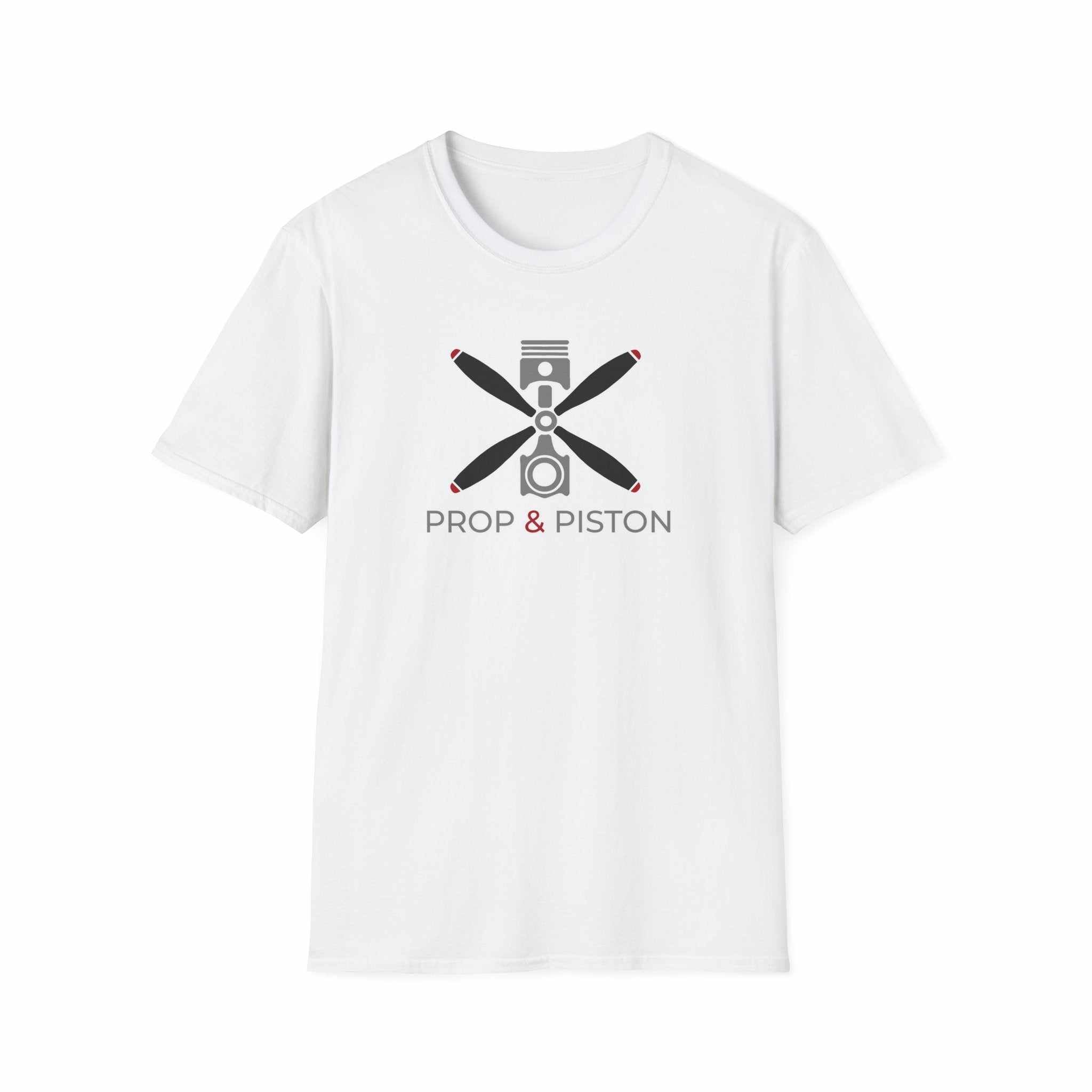 White unisex softstyle Prop and Piston T-Shirt with propeller and piston graphic on front