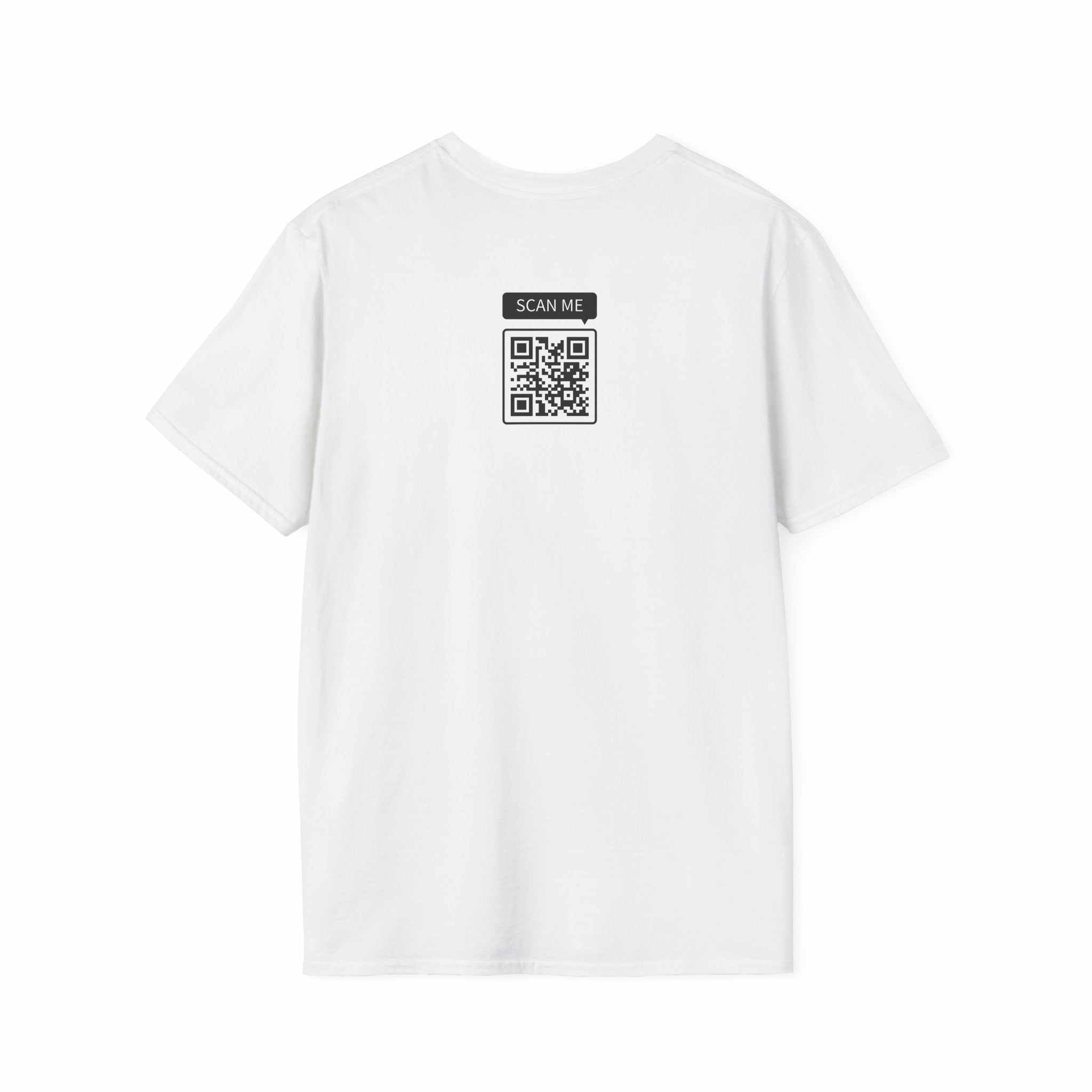Unisex Prop and Piston T-Shirt white soft cotton crew neck with QR code design on back