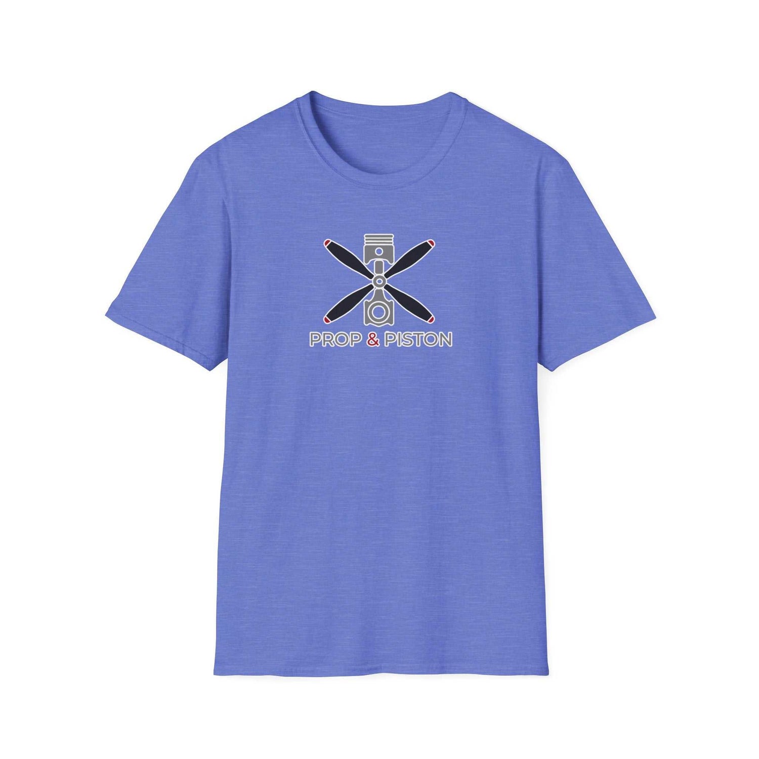 Unisex softstyle Prop and Piston T-Shirt in blue with propeller and piston graphic design
