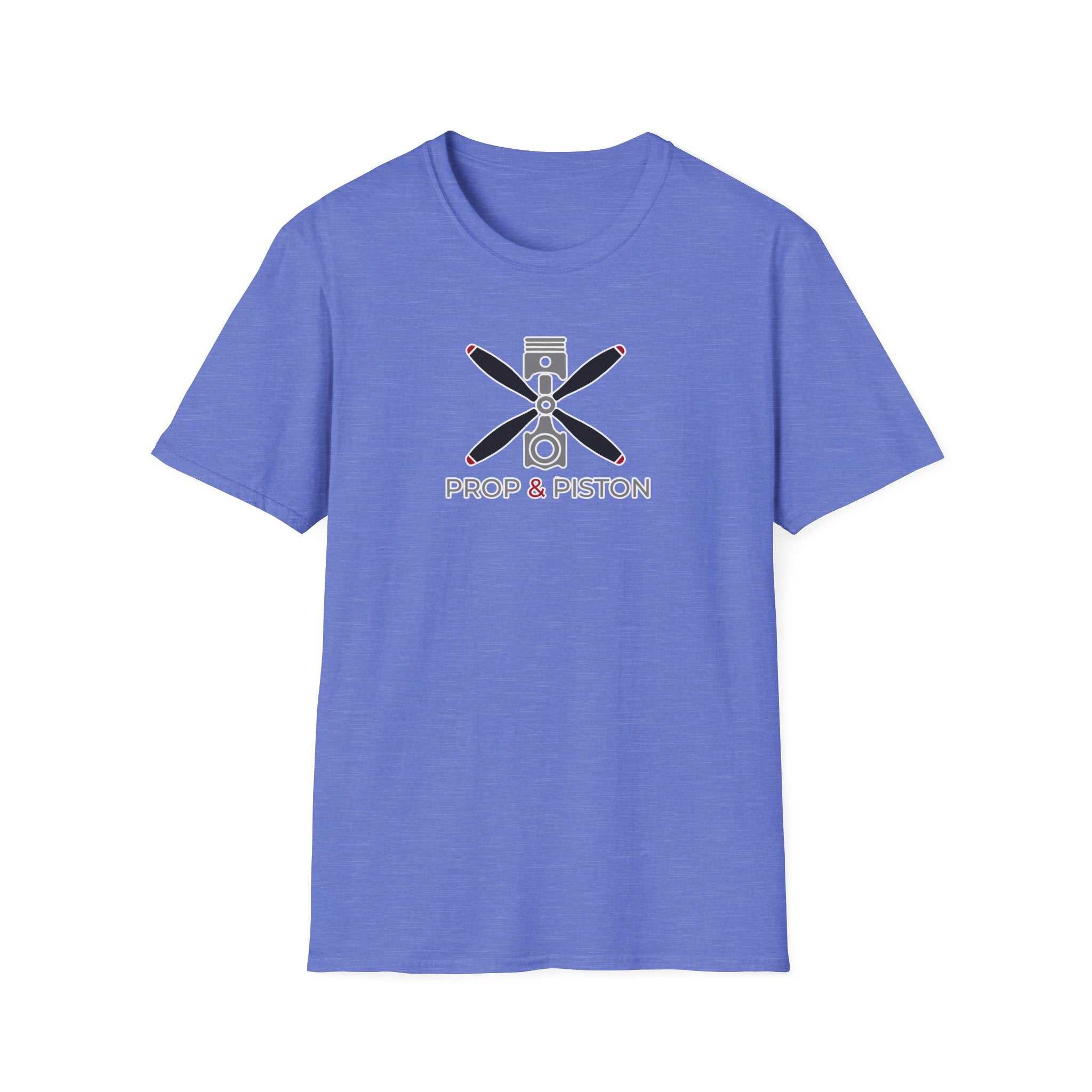 Unisex softstyle Prop and Piston T-Shirt in blue with propeller and piston graphic design