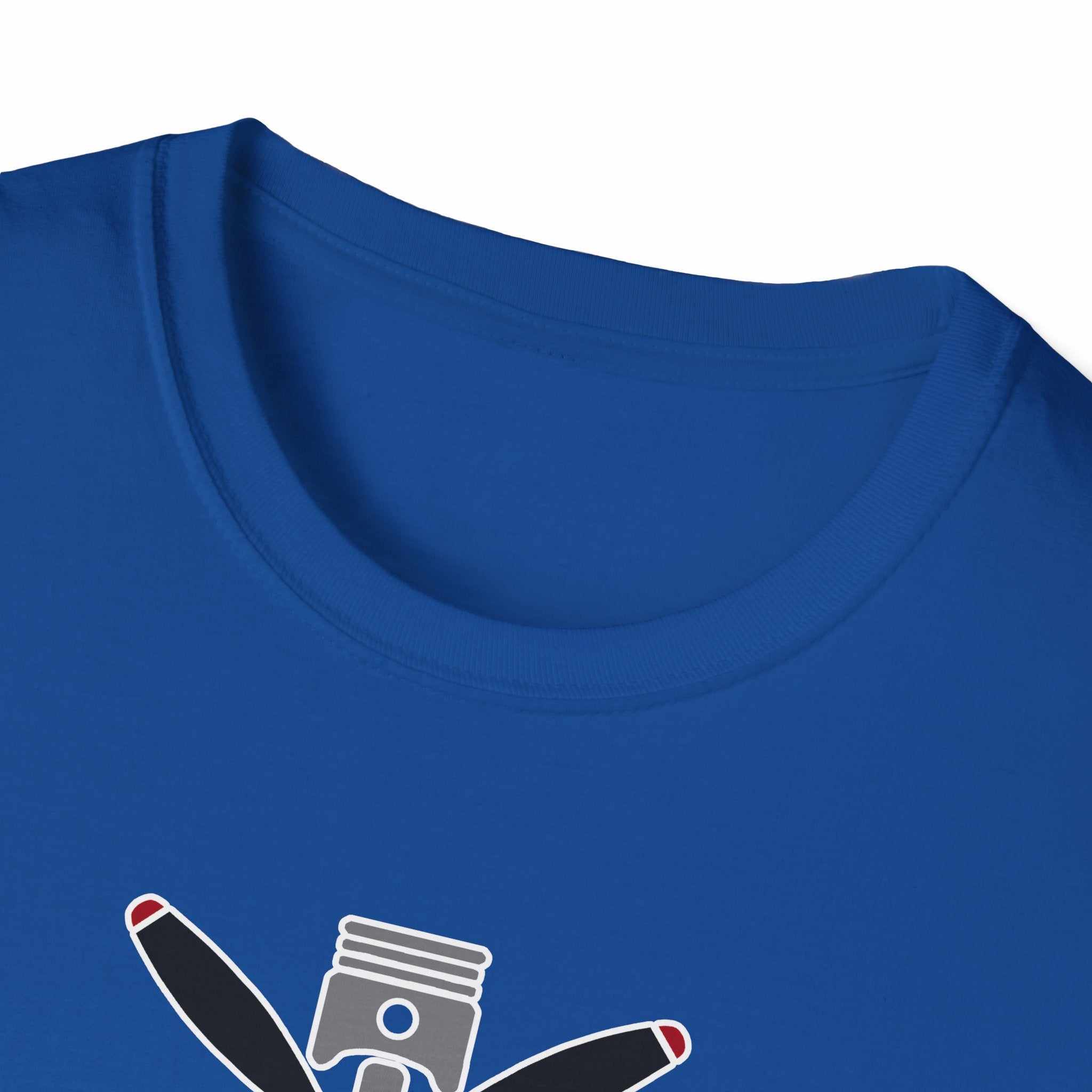 close-up of blue Prop and Piston T-Shirt Unisex Softstyle cotton fabric with crew neckline and printed propeller and piston design