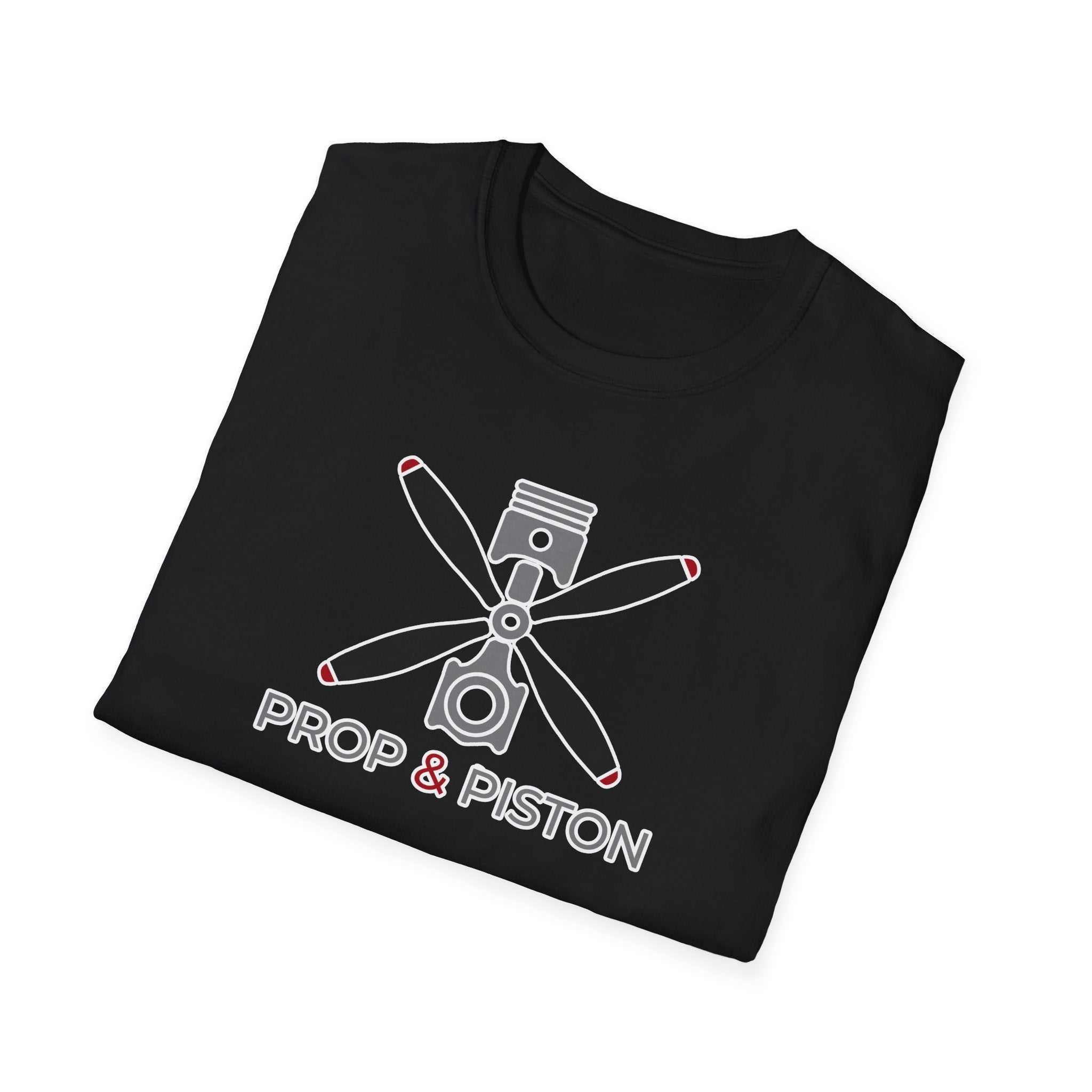 Unisex black Prop and Piston T-Shirt with propeller and piston graphic, made of soft 100% cotton, durable ribbed collar and tear-away label.