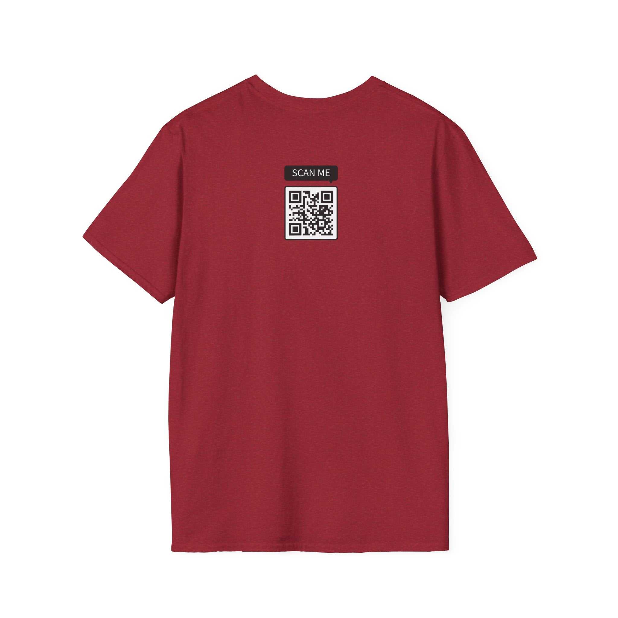 Back view of maroon Prop and Piston T-Shirt unisex softstyle cotton tee with QR code on upper back