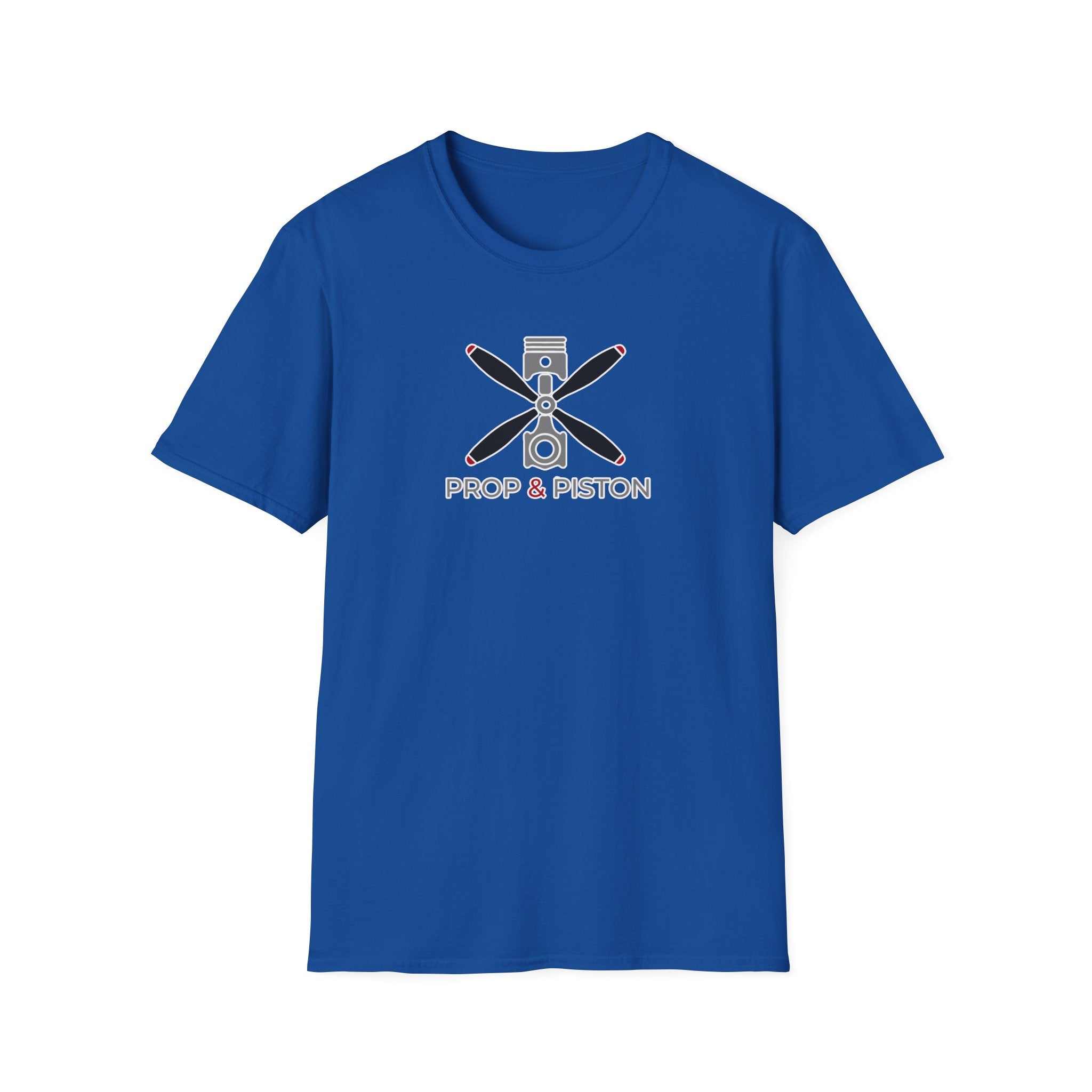 Blue unisex softstyle Prop and Piston T-Shirt made from 100% cotton with printed propeller and piston graphic on front