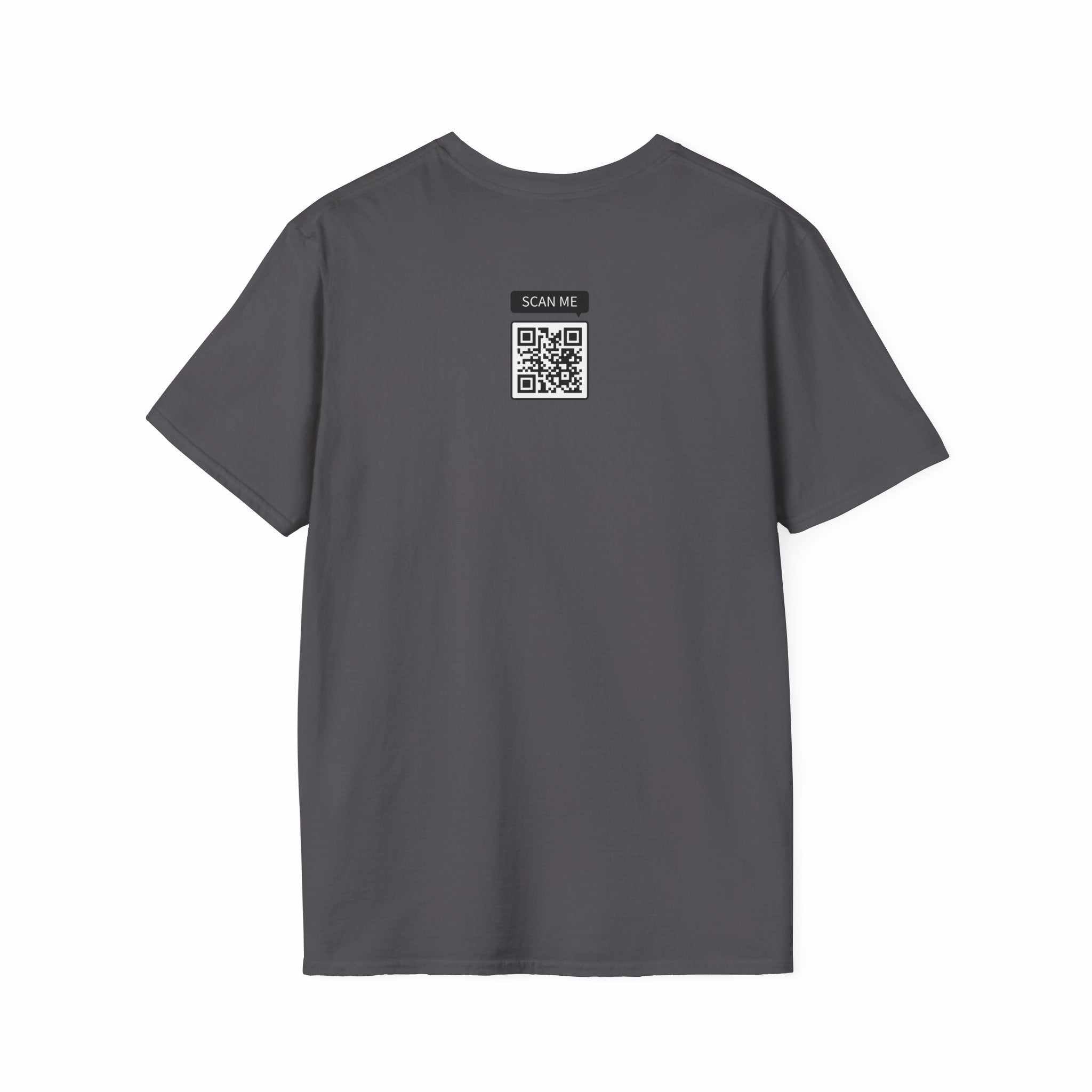 Unisex grey Prop and Piston T-Shirt back view with QR code print, made of soft, breathable cotton blend