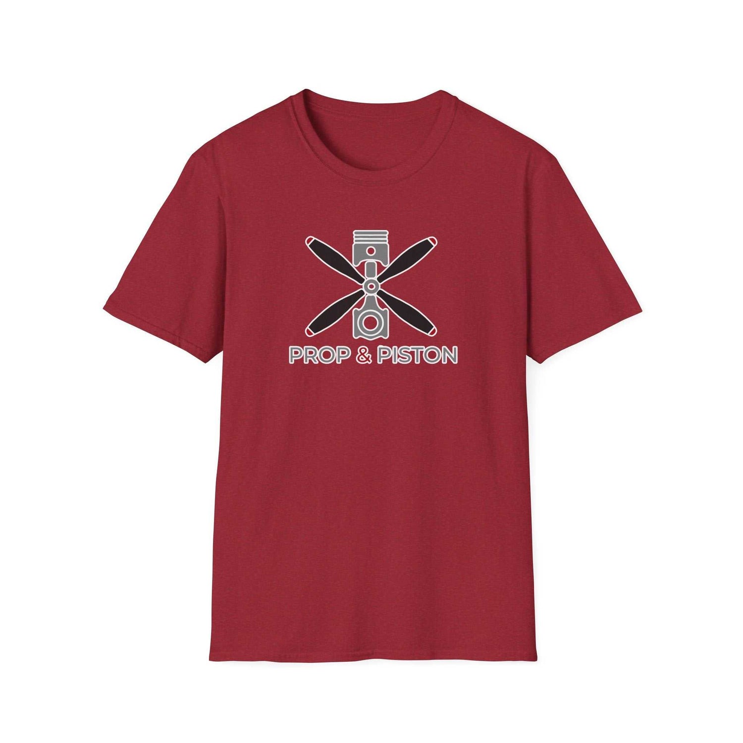 Red unisex Prop and Piston T-Shirt with propeller and piston graphic, soft 100% cotton crew neck tee.