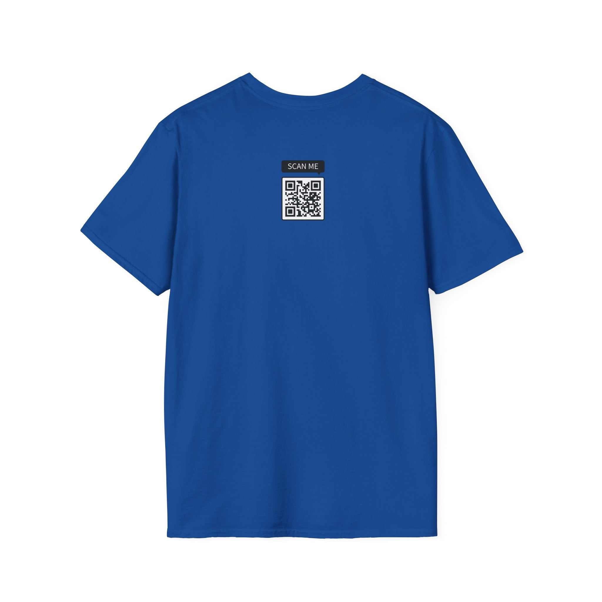 Blue Prop and Piston T-Shirt unisex softstyle cotton tee back view with QR code design