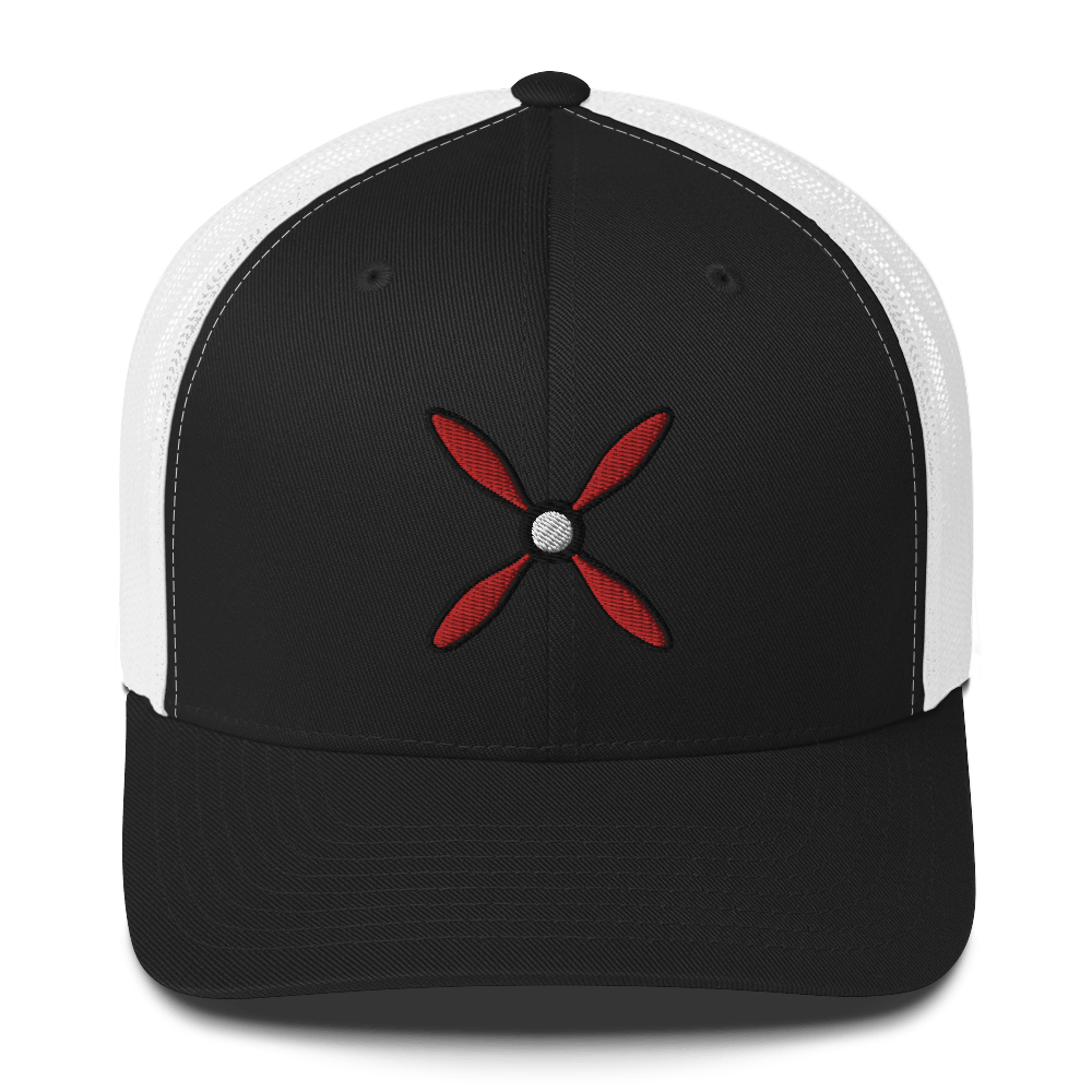 Black and white Aviation hat Prop and Piston trucker cap with red propeller embroidery and mesh back