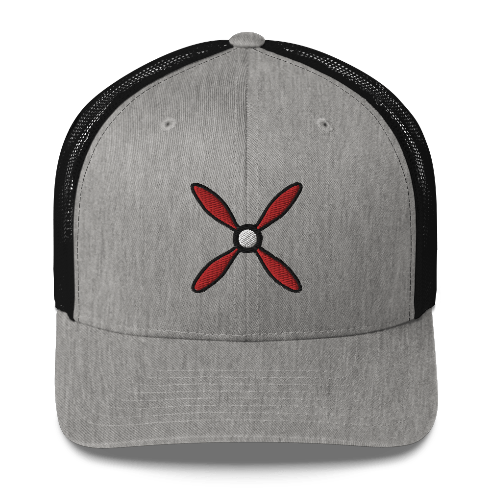 Aviation hat Prop & Piston six-panel trucker cap with mesh back and red propeller embroidery on gray front