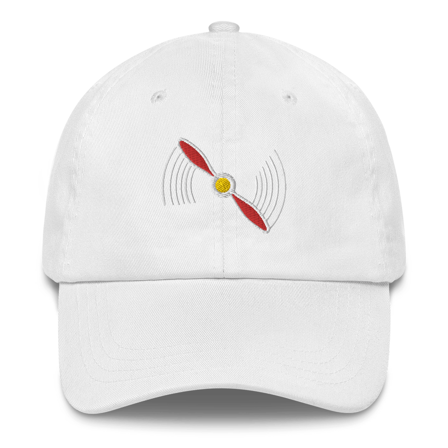 White low-profile aviation hat with embroidered red propeller design and curved visor