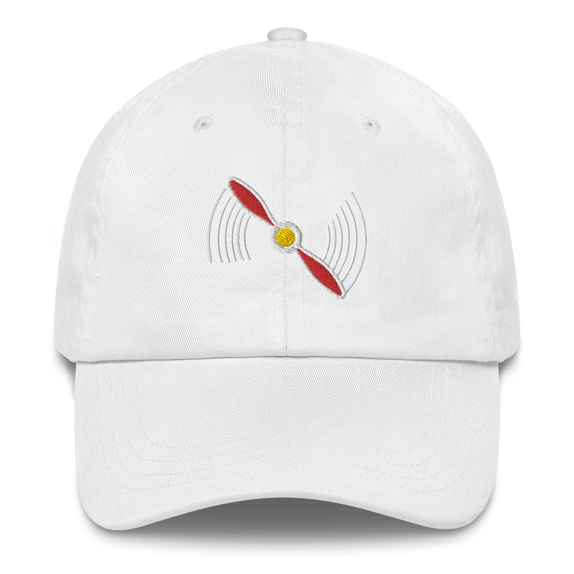 White low-profile aviation hat with embroidered red propeller design and curved visor