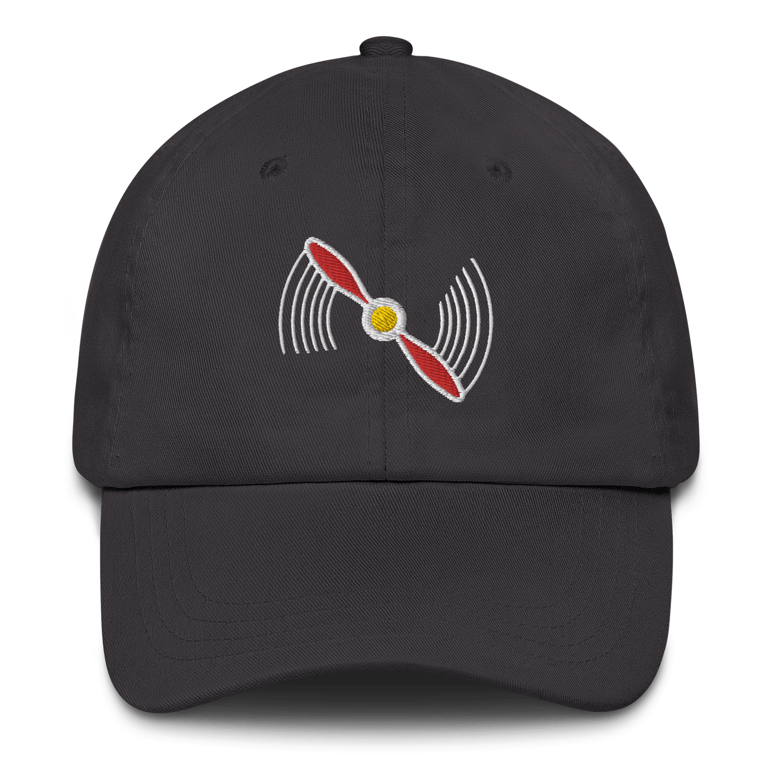 Black low-profile aviation hat with red propeller emblem, 6-panel dad hat style, adjustable antique buckle strap