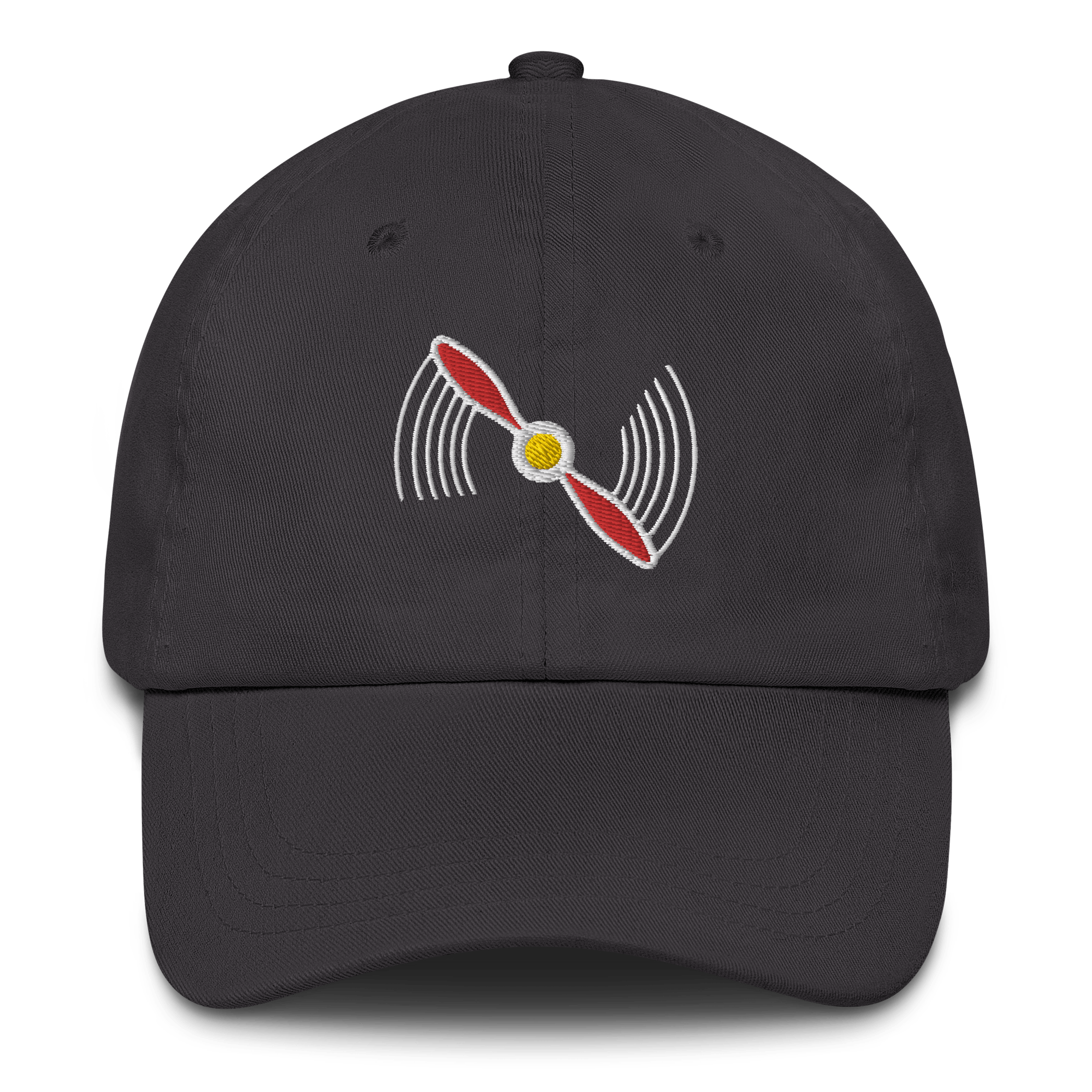 Black aviation hat with red and white propeller embroidery, low-profile 6-panel dad cap with adjustable buckle strap