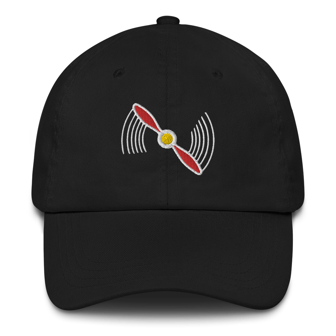 Black aviation hat with red propeller embroidery and low-profile 6-panel dad cap design