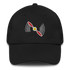 Black aviation hat with red propeller embroidery and low-profile 6-panel dad cap design