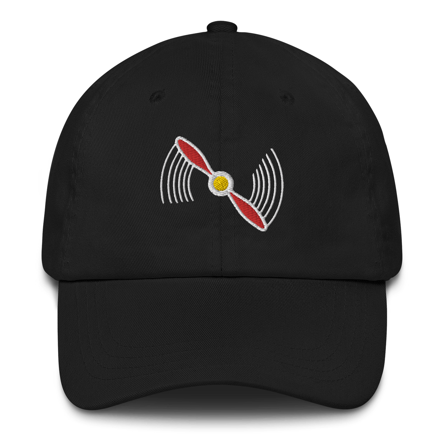Black aviation hat with red propeller embroidery and low-profile 6-panel dad cap design