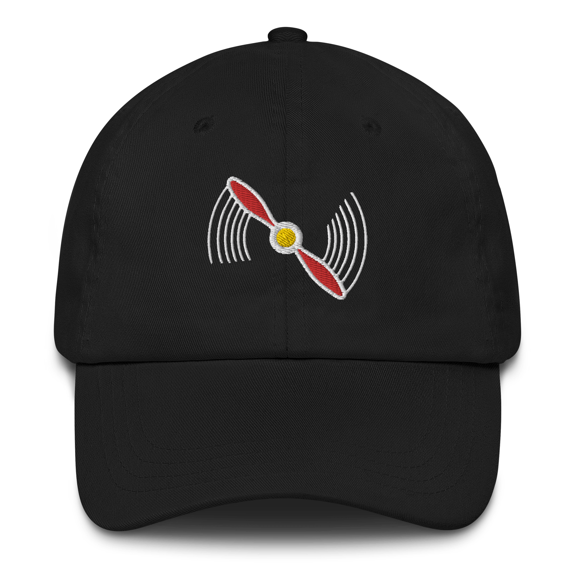 Black aviation hat with embroidered red and white propeller design and adjustable strap
