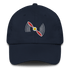 Navy blue low-profile aviation hat with embroidered red propeller design and adjustable antique buckle strap