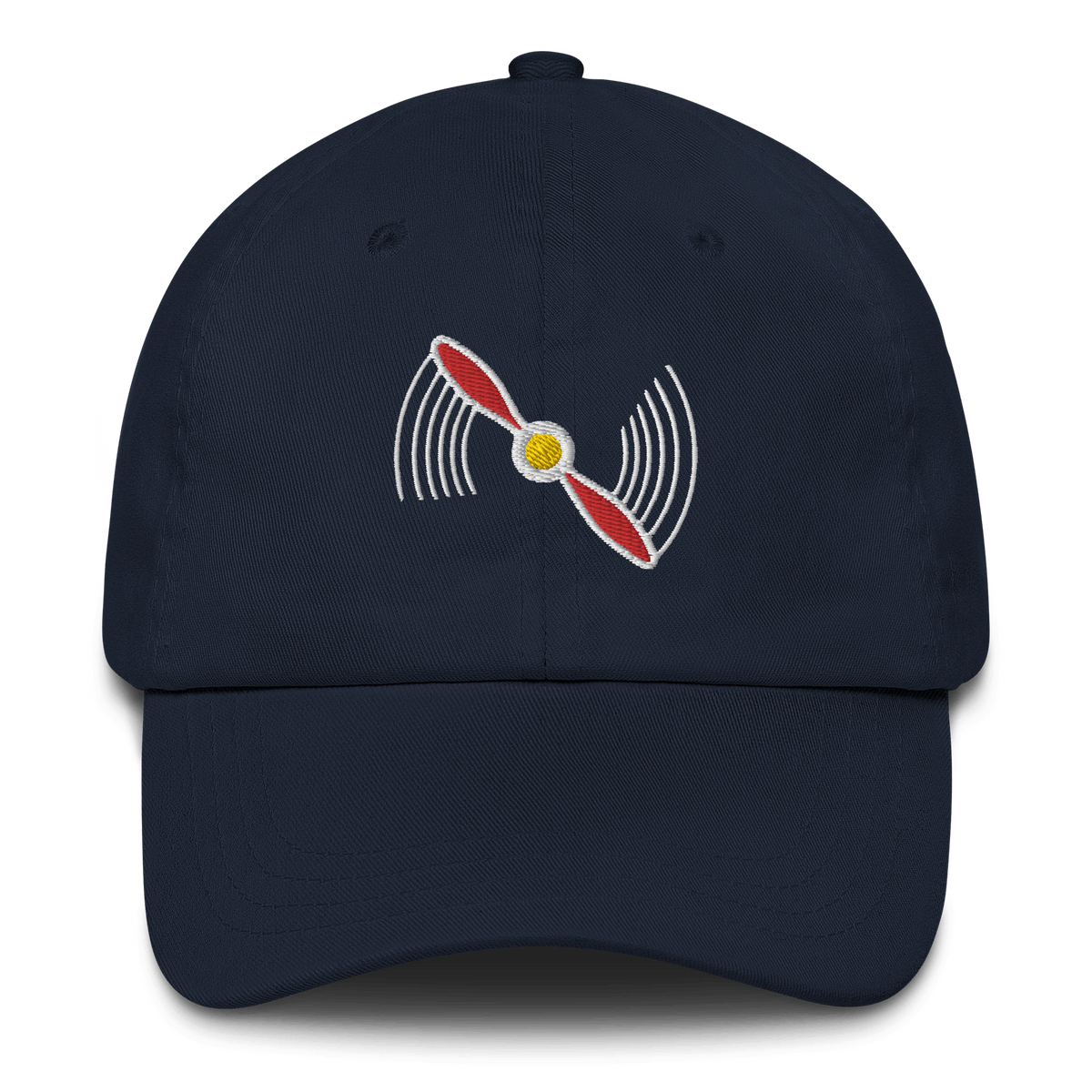 Low-profile aviation hat with embroidered eyelets and adjustable buckle strap