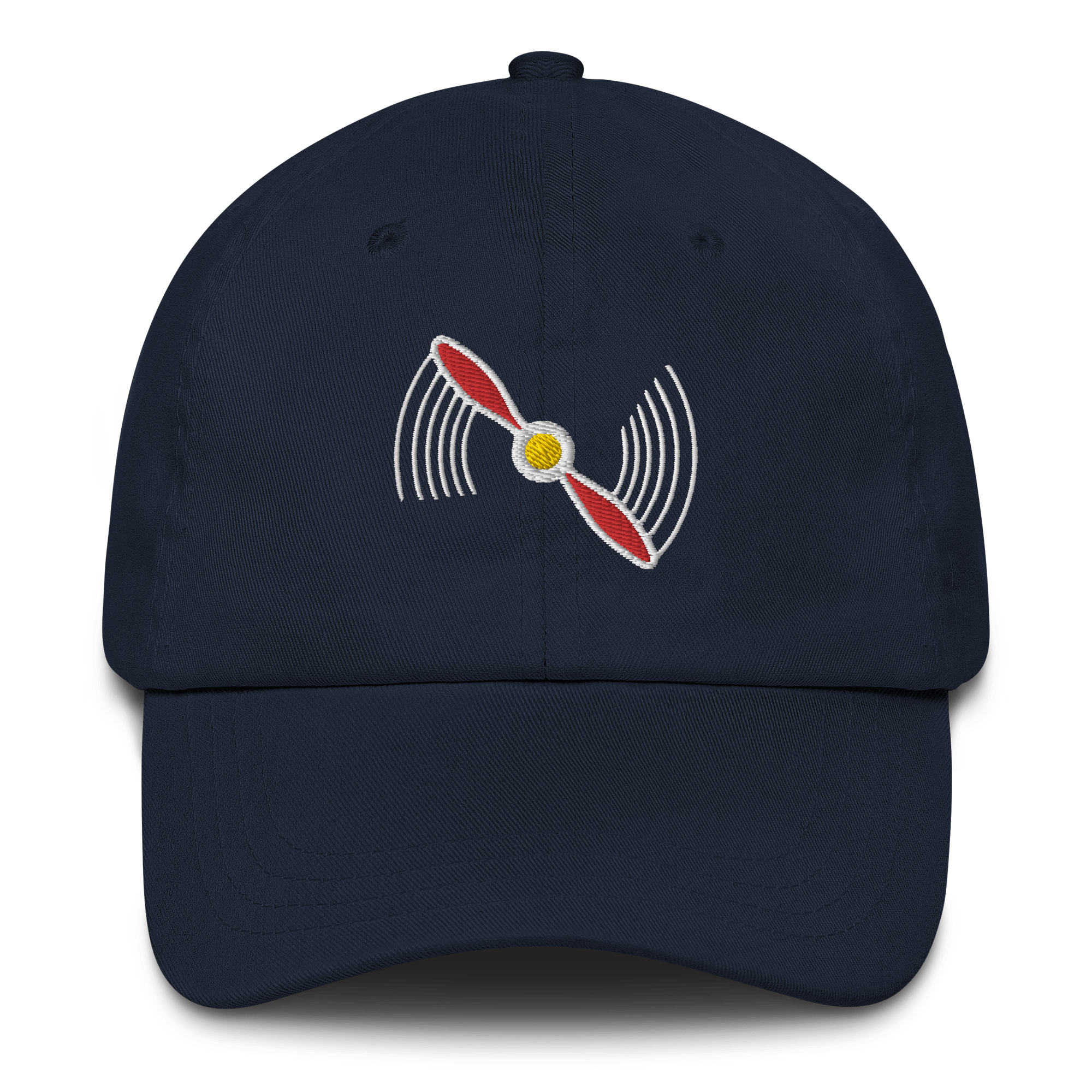 Navy aviation hat with embroidered red and white propeller design, 6-panel low-profile dad hat with adjustable antique buckle strap.