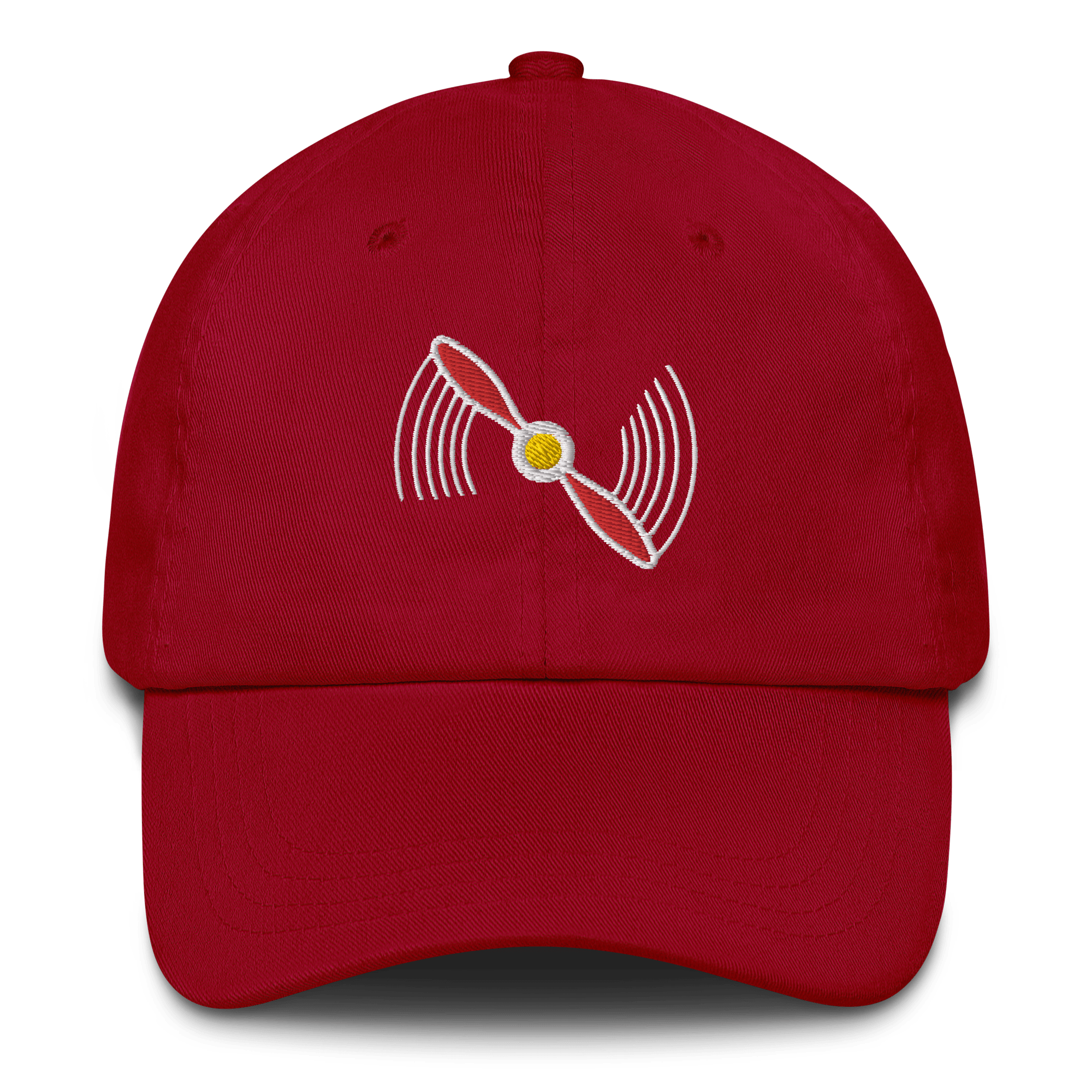 Red aviation hat with embroidered propeller design, low-profile 6-panel dad cap, adjustable antique buckle strap
