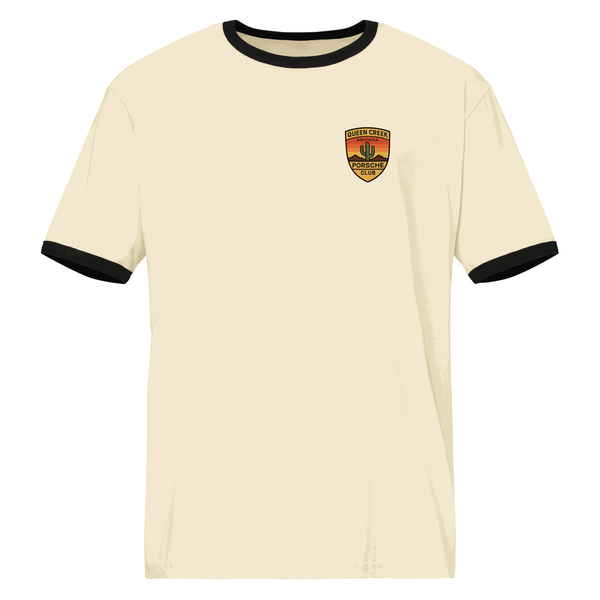 Queen Creek PCAR Club ringer t-shirt with vintage race-inspired design and contrast trim