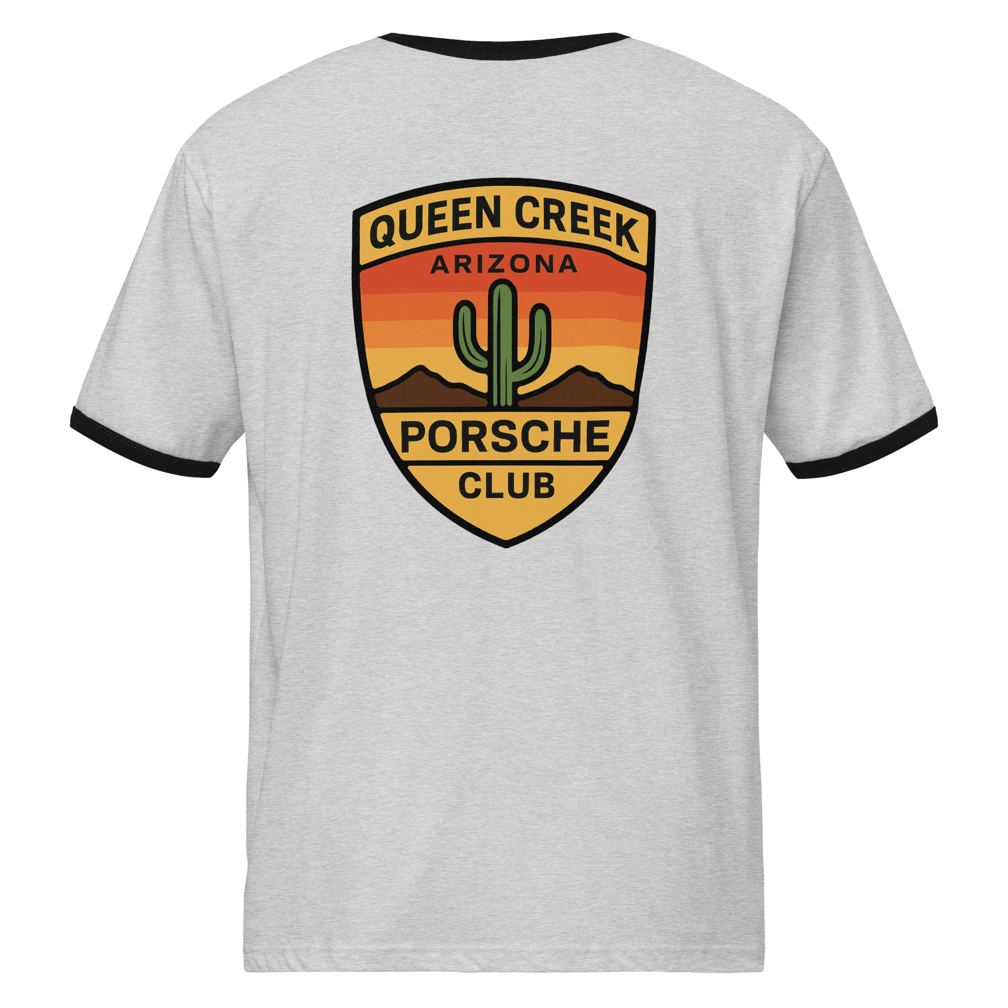 Queen Creek PCAR Club ringer t-shirt with vintage Porsche club logo and contrasting collar and sleeve trim