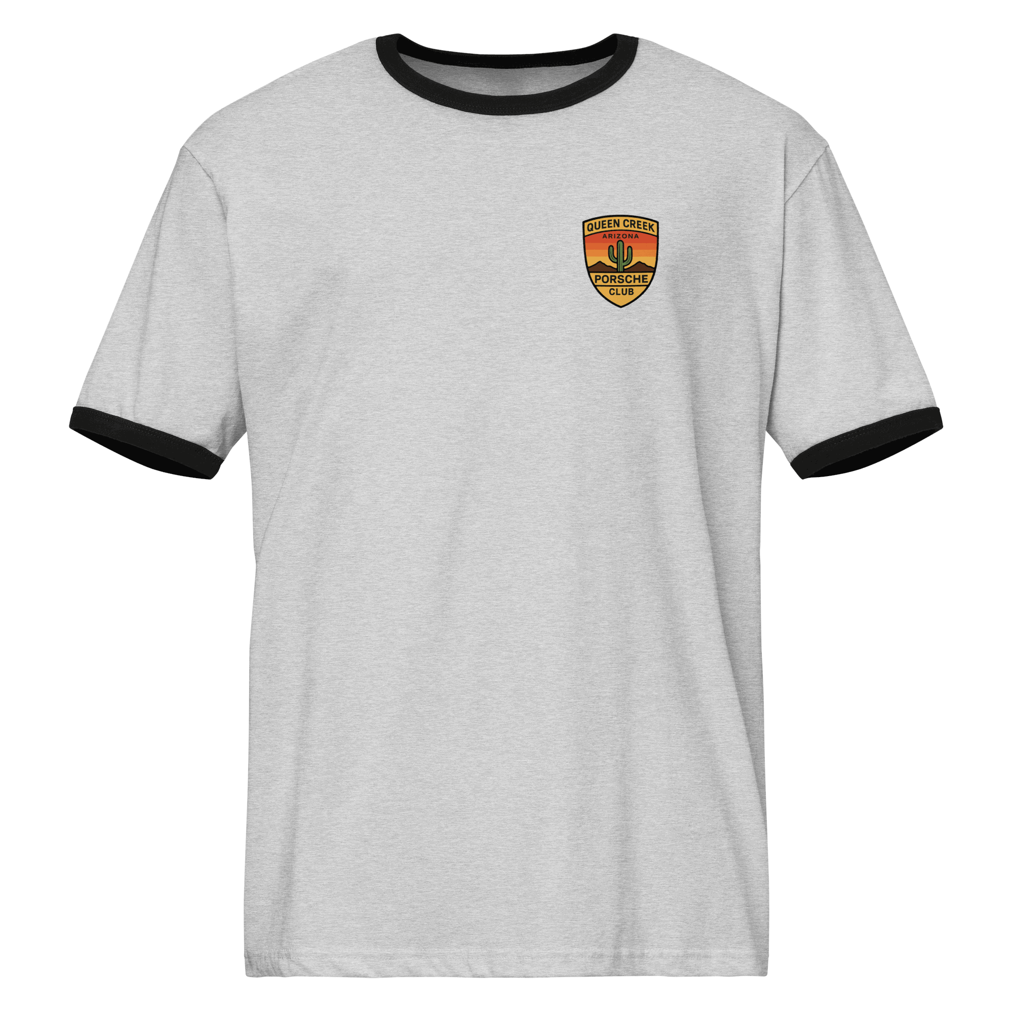 Queen Creek PCAR Club ringer t-shirt in gray with black collar and sleeve trim featuring club logo on chest