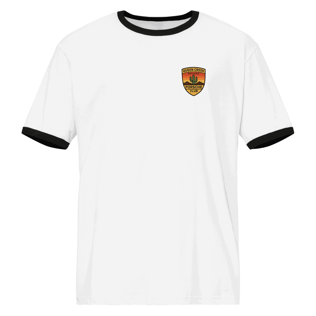 White Queen Creek PCAR Club ringer t-shirt with black collar and sleeve trims, featuring club logo on chest, made of soft breathable cotton