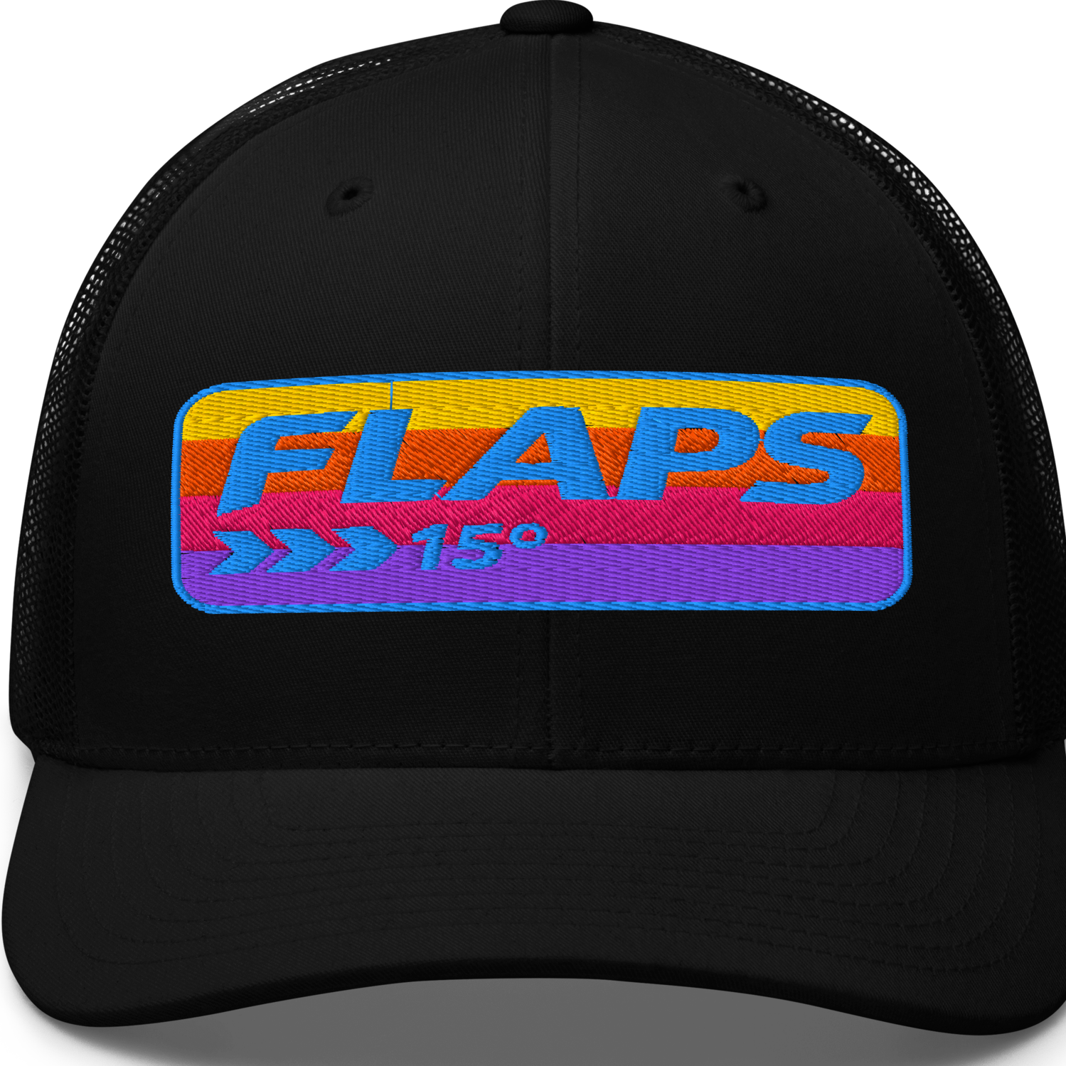 Flaps 15 Trucker Aviation Hat with colorful embroidery on a black mesh cap.