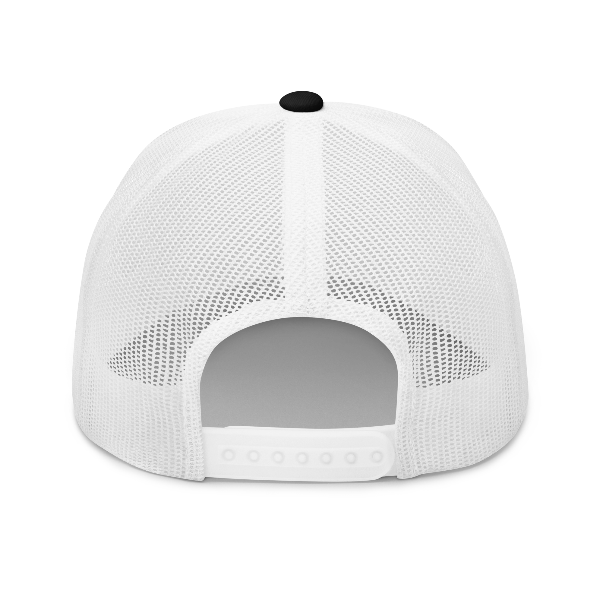 Back view of a Flaps 15 Trucker Aviation Hat featuring a white mesh design and adjustable strap.