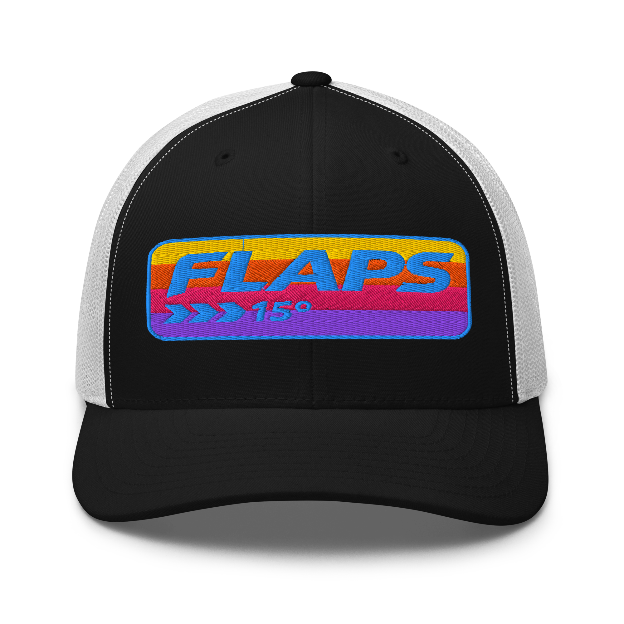 Flaps 15 trucker aviation hat with colorful logo, black front panels and mesh back for a comfortable fit.