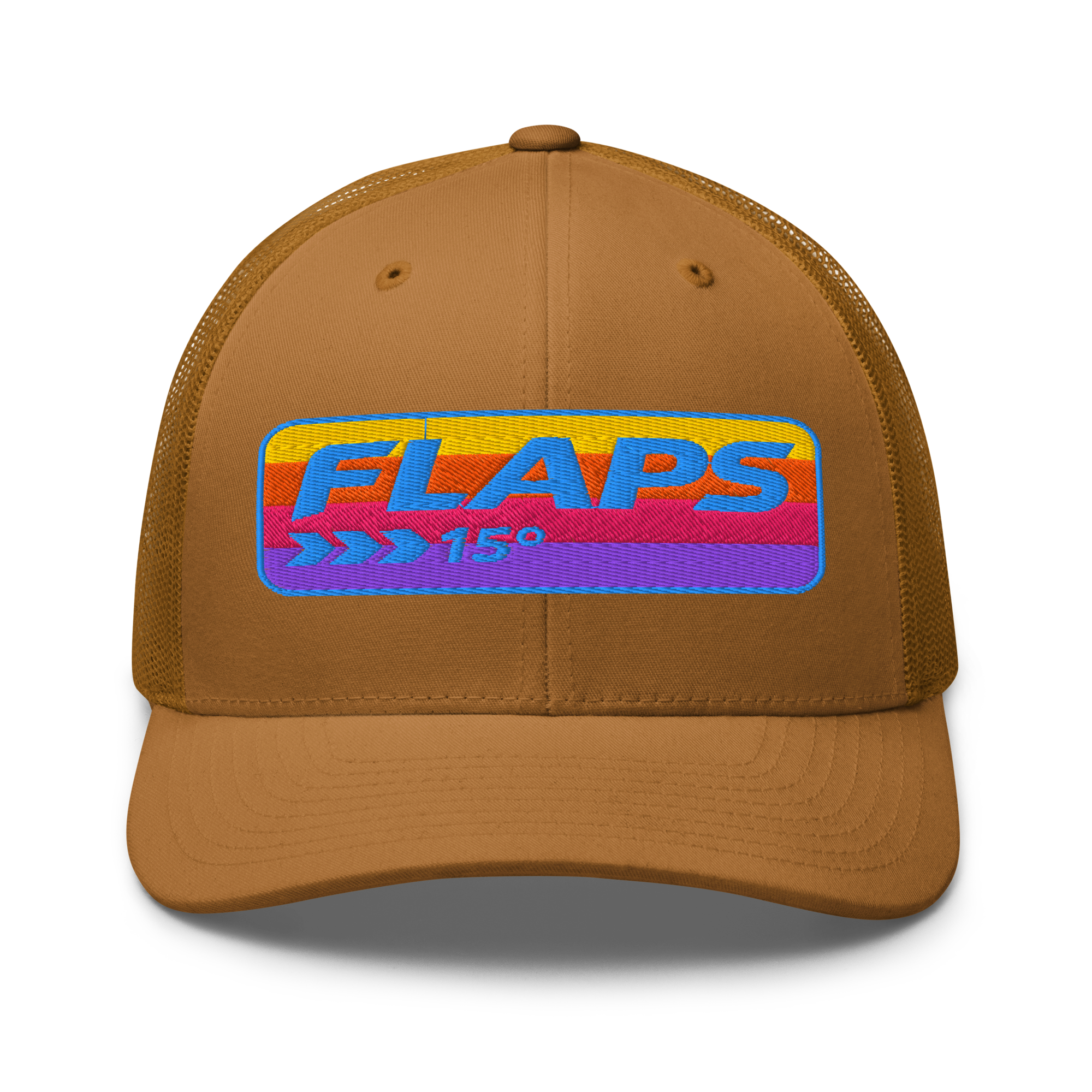 Flaps 15 Trucker Aviation Hat with colorful logo on a brown mesh back cap.