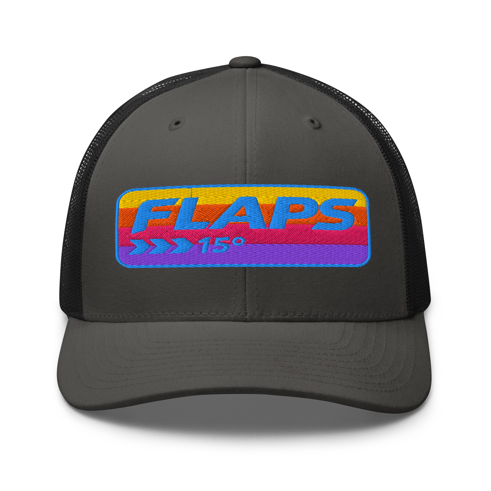 Flaps 15 Trucker Aviation Hat with colorful logo on a black mesh cap.