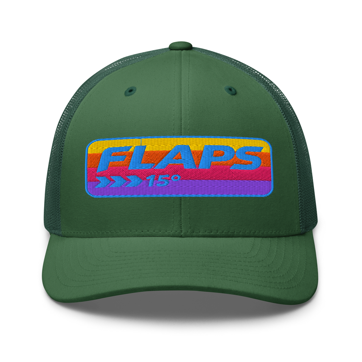 Flaps 15 Trucker Aviation Hat featuring colorful embroidery on a green cap with a mesh back.