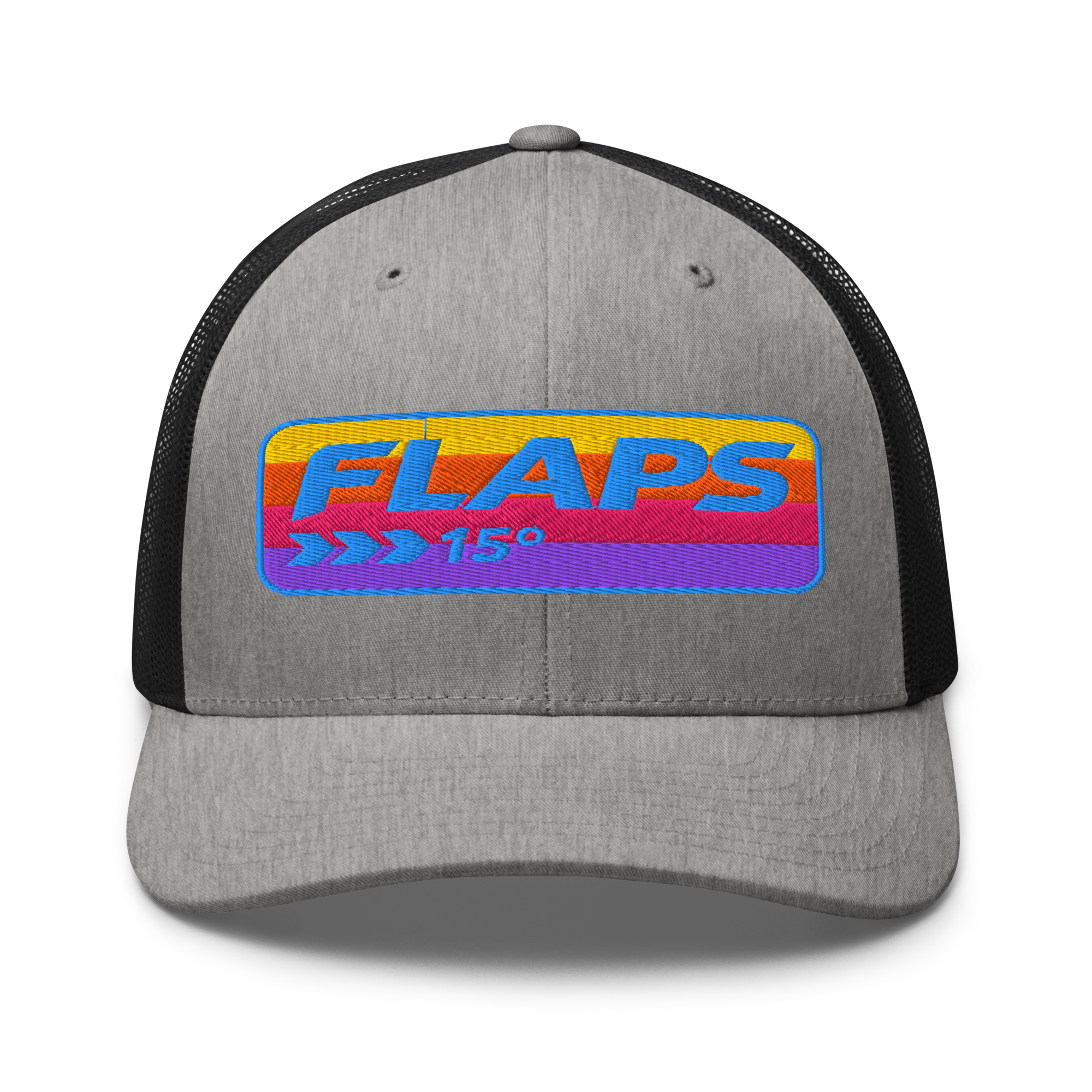 Flaps 15 trucker aviation hat showcasing a colorful design and breathable mesh back, perfect for sunny days.