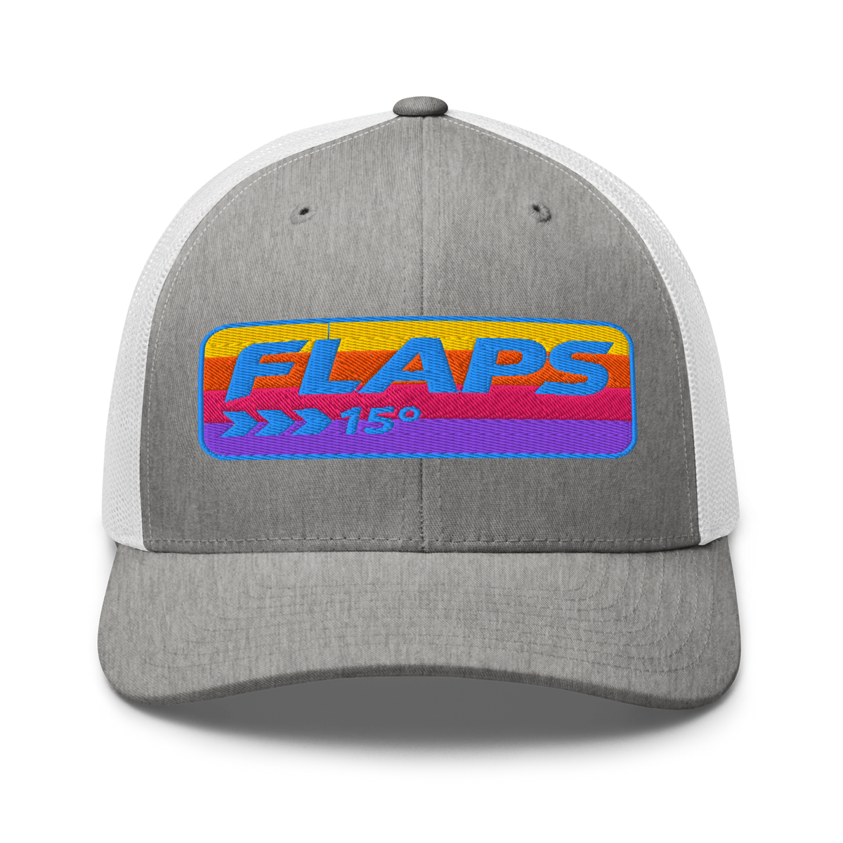 Flaps 15 Trucker Aviation Hat with colorful logo and mesh back for comfort and style.