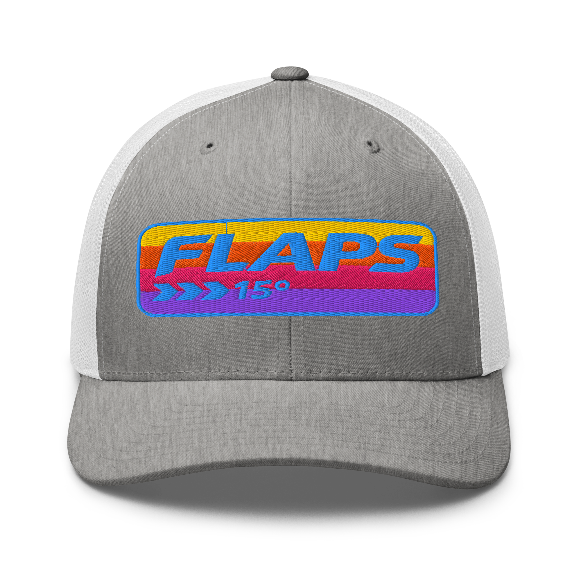 Flaps 15 Trucker Aviation Hat with colorful logo and mesh back for comfort and style.
