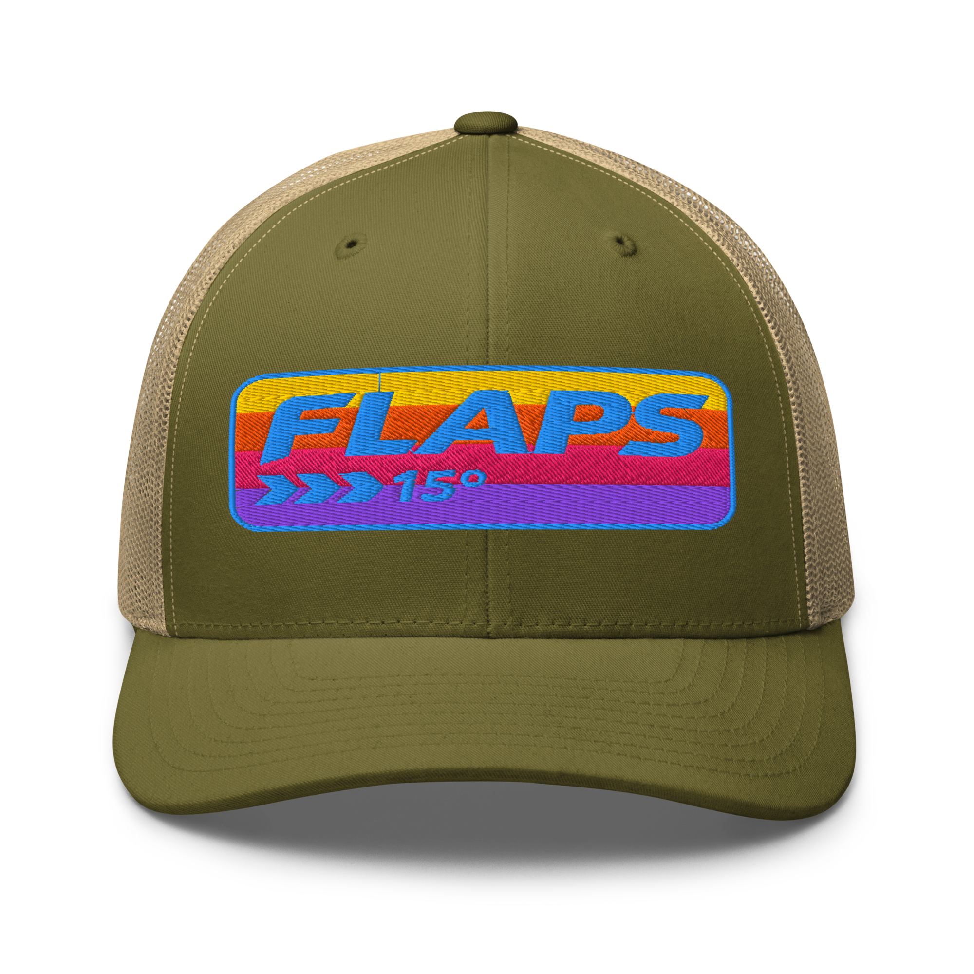 Flaps 15 Trucker Aviation Hat featuring vibrant logo and mesh back for style and comfort.