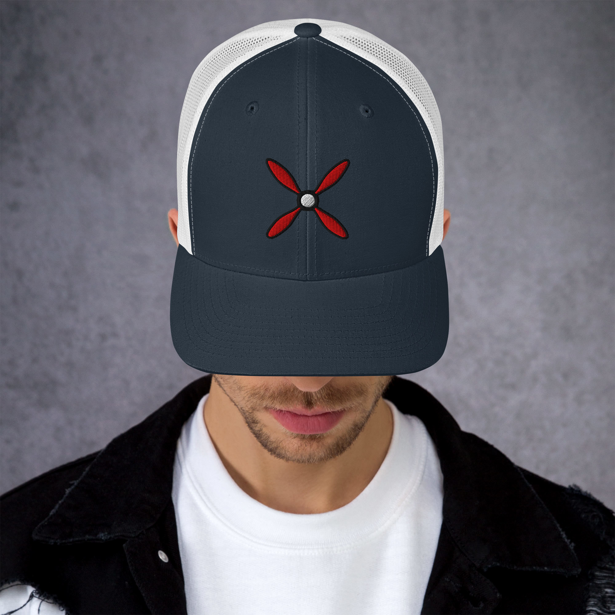 Aviation hat Prop and Piston embroidered five-panel trucker cap with mesh back and adjustable closure