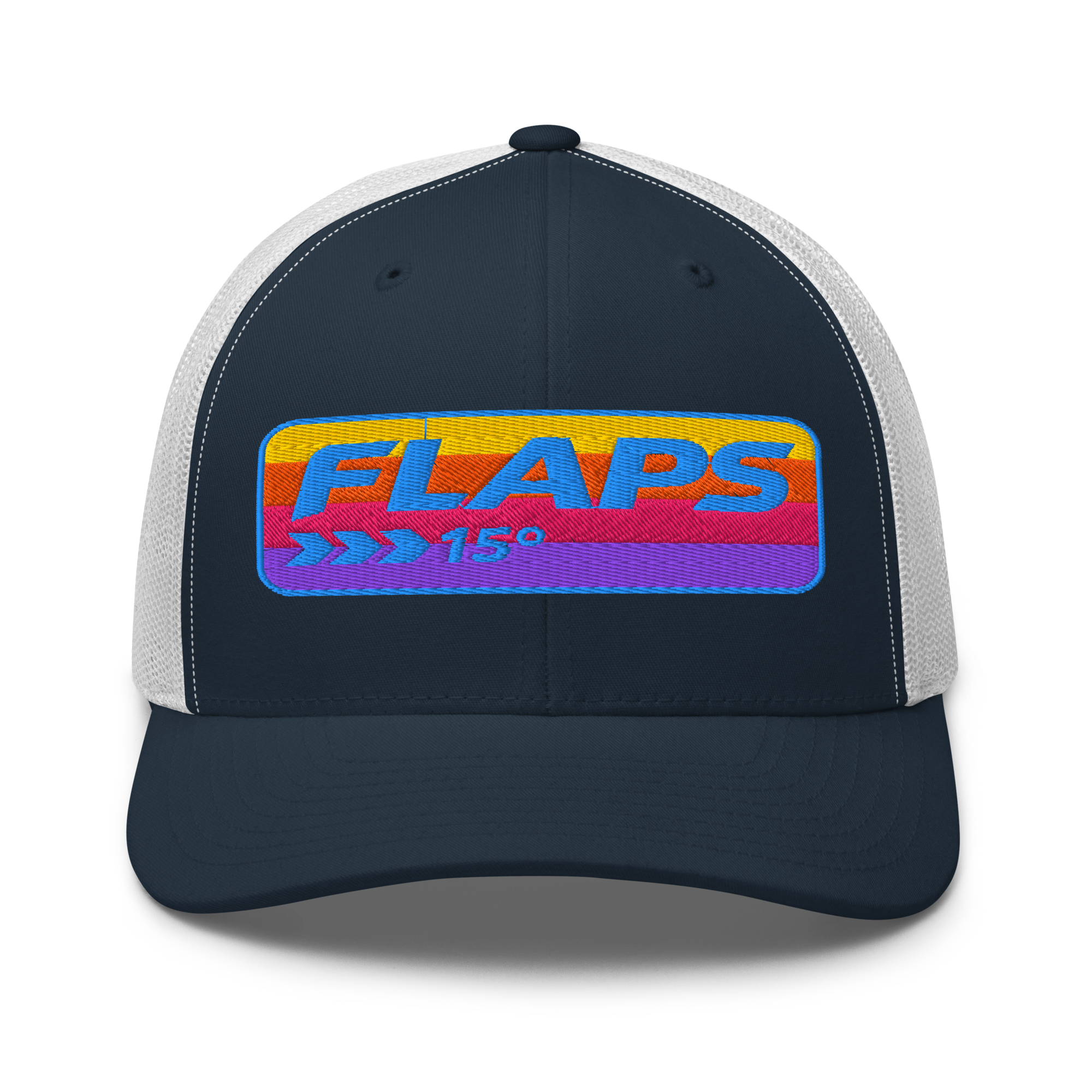 Flaps 15 Trucker Aviation Hat with colorful logo, perfect for sunny days and outdoor activities.