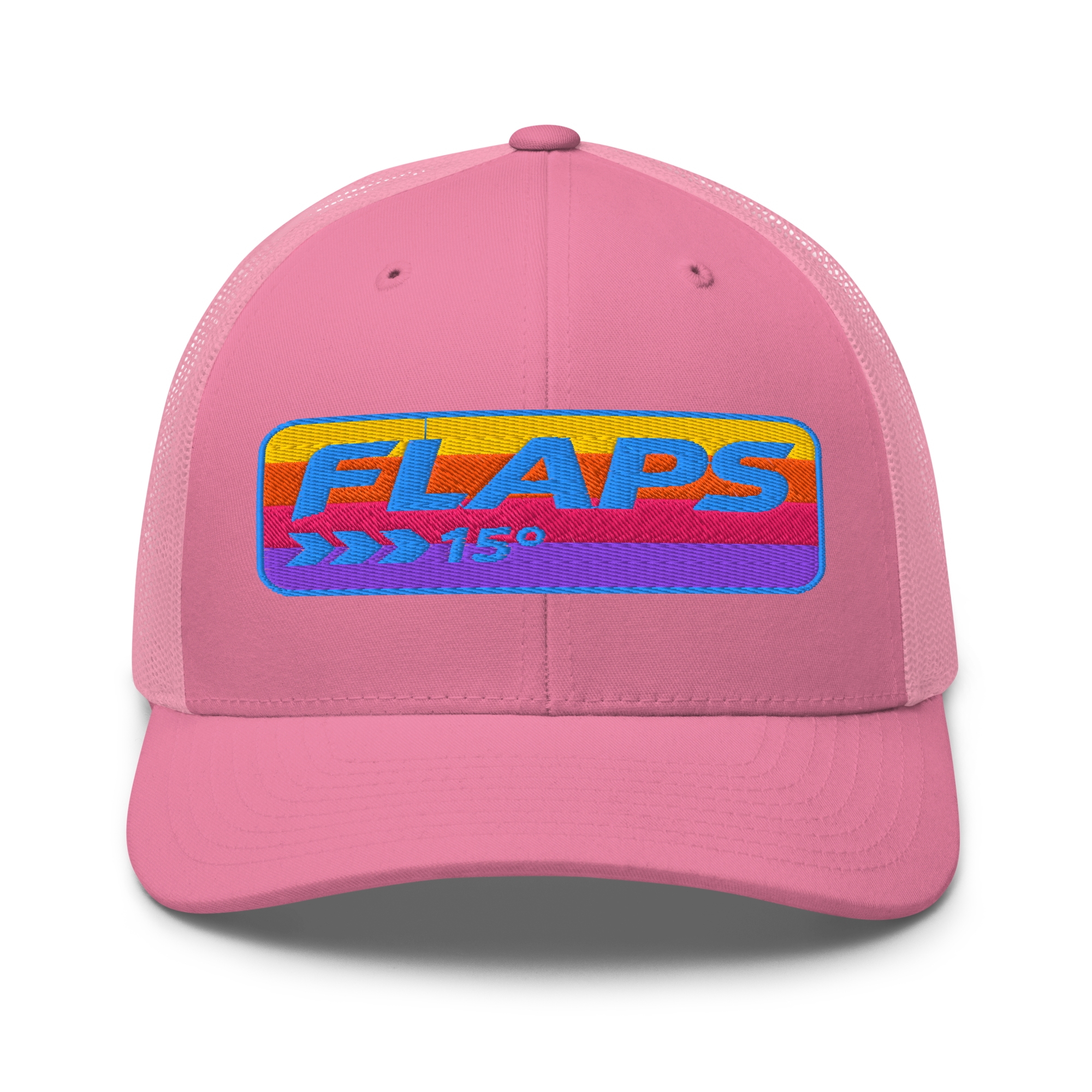 Flaps 15 Trucker Aviation Hat in pink with colorful logo, ideal for sunny days.