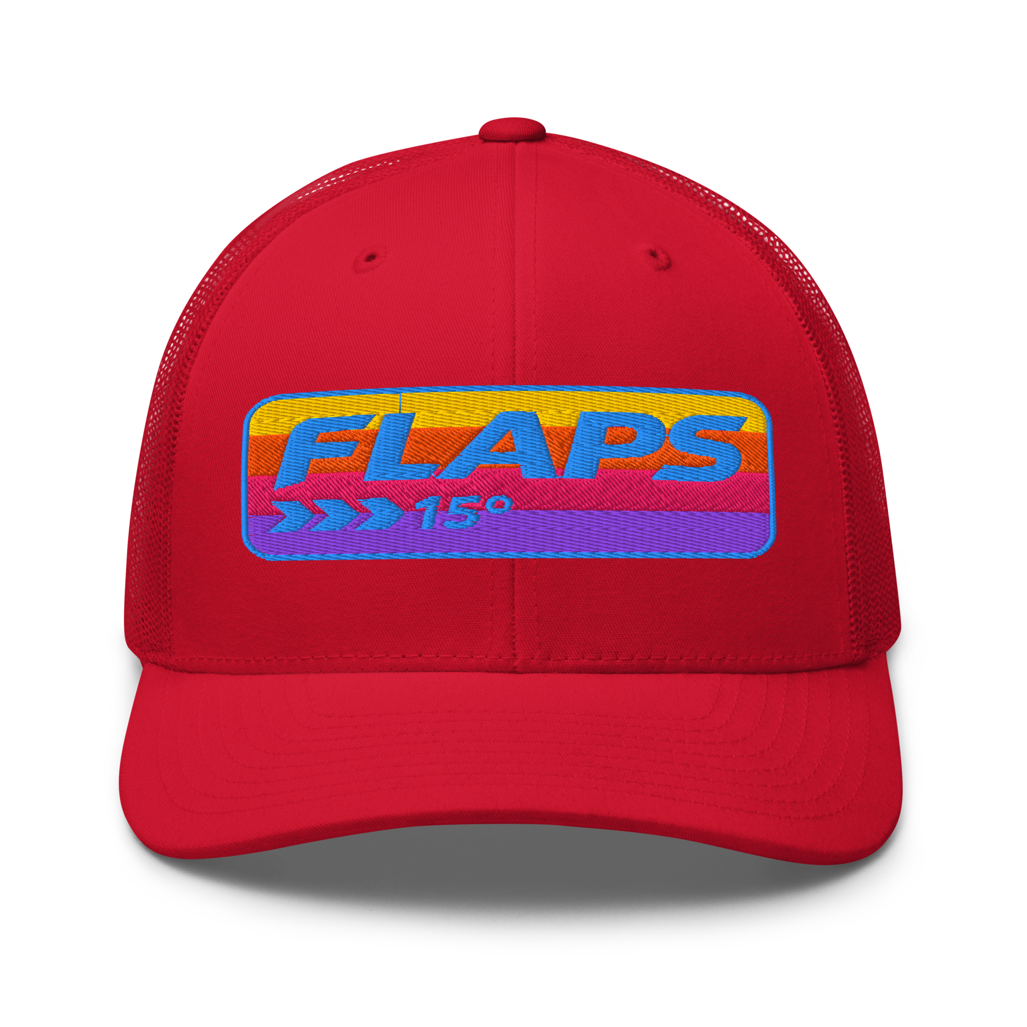 Flaps 15 Trucker Aviation Hat in red with colorful logo on a mesh back cap.