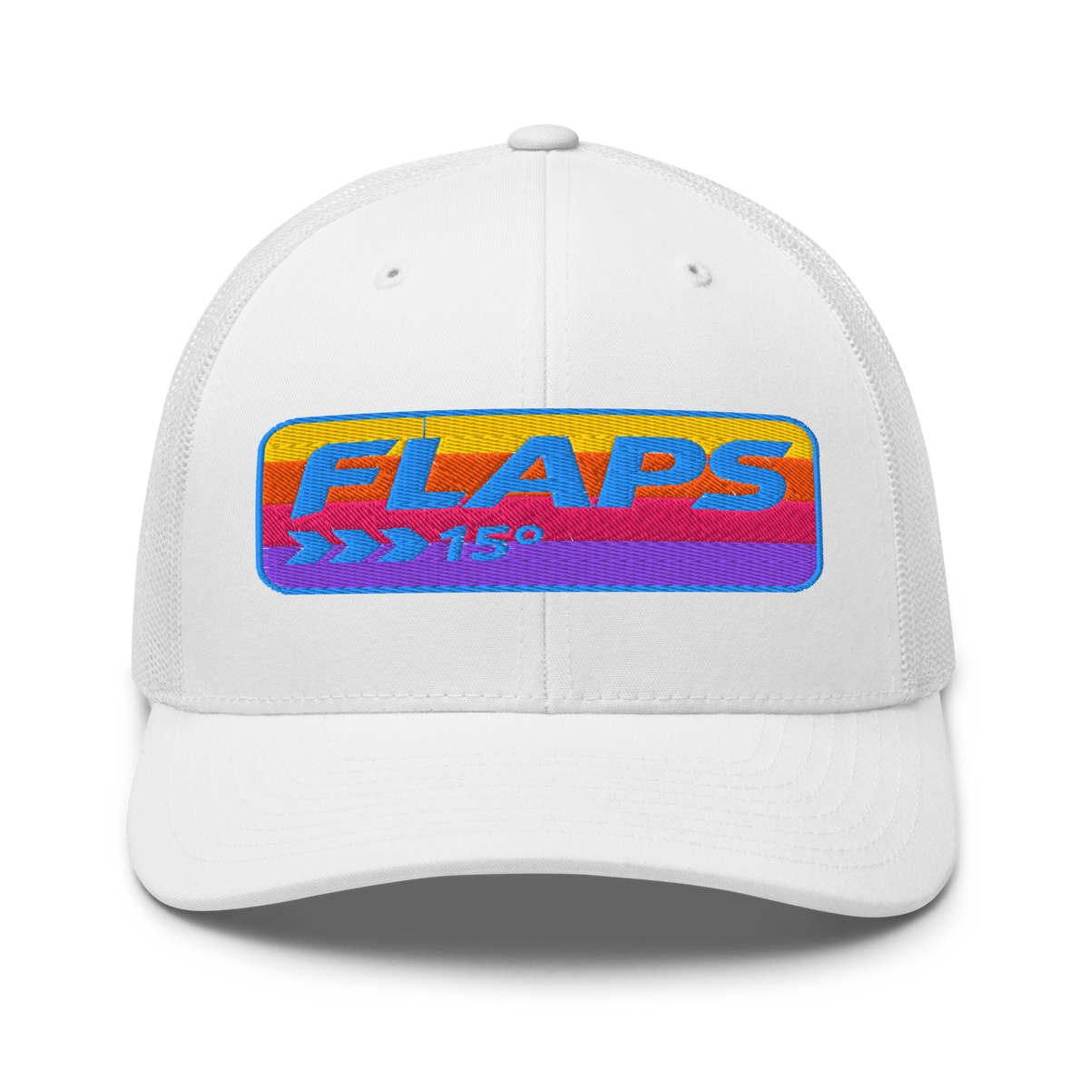Flaps 15 trucker aviation hat featuring a colorful graphic design on a white mesh cap.