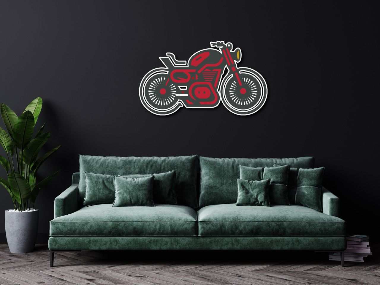 Motorcycle Metal Wall Art in red and black mounted on dark wall above green sofa in modern living room