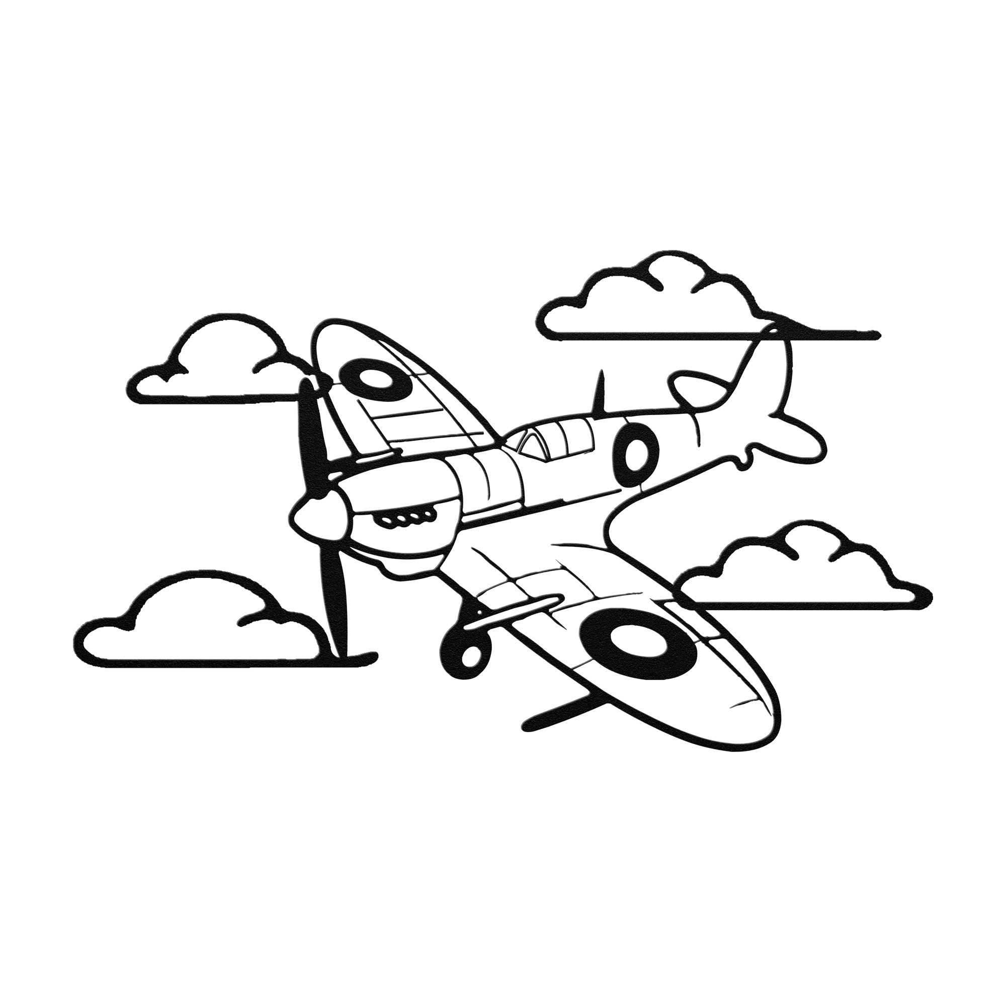 Spitfire metal wall art of an airplane flying in the clouds, made of 18 gauge steel with powder coating.