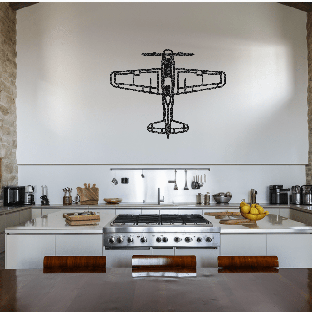 Retro airplane metal art wall decor in modern kitchen setting