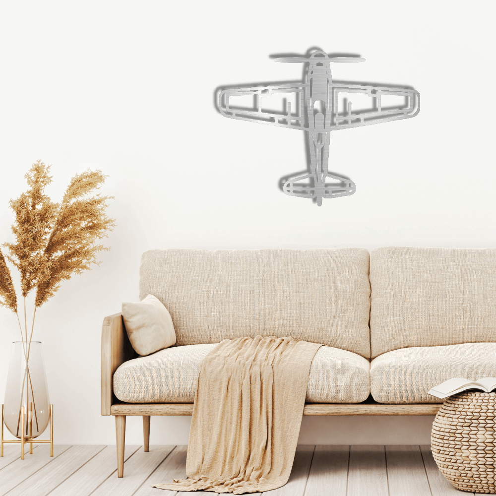 Retro airplane metal art wall décor above beige sofa in modern living room